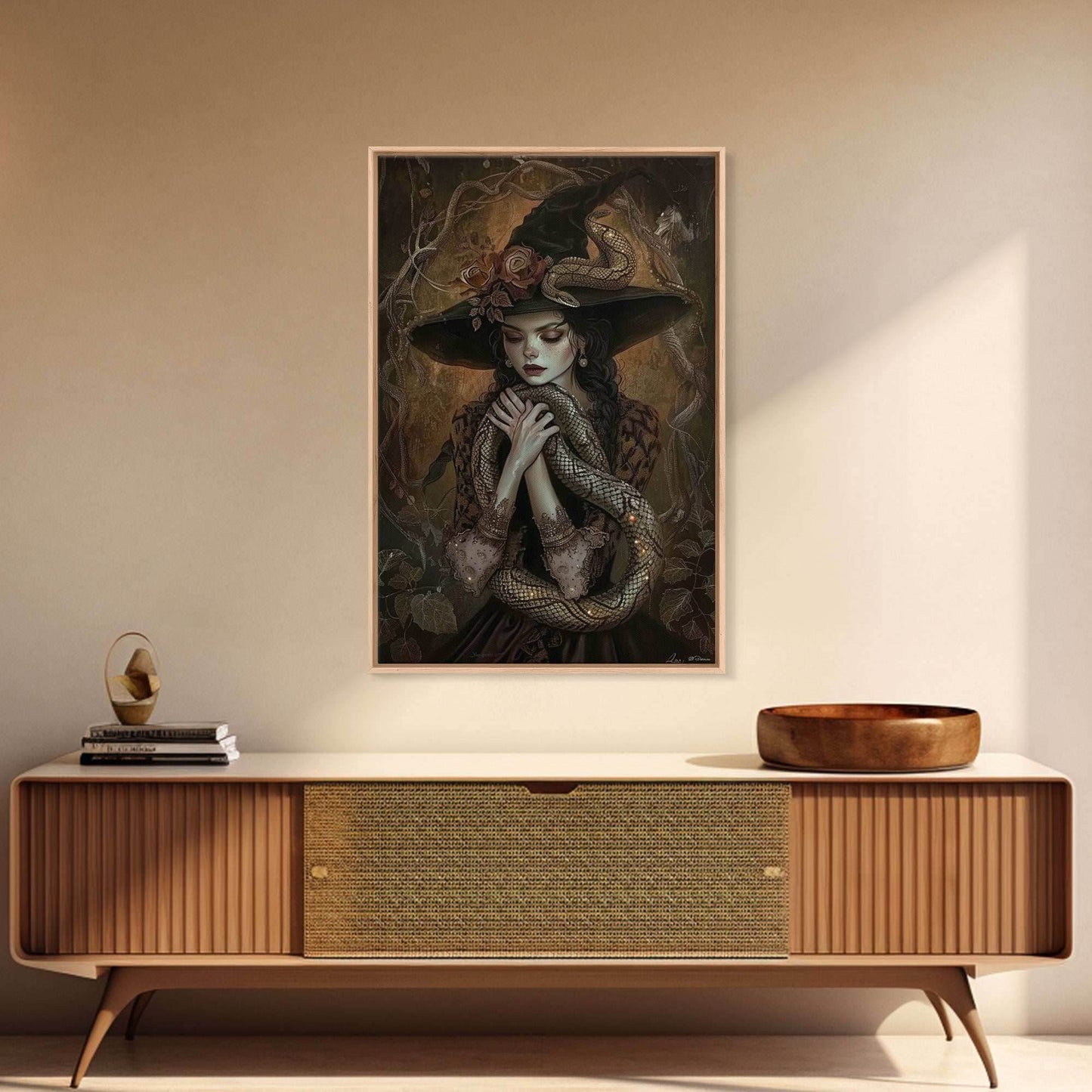 Mysterious Witch Holding Snake, Framed Canvas Print, Gothic Witch Art, Dark Fantasy Decor, Witch and Serpent, Halloween Accessories - 8x12 Inches / Gallery Wrap Canvas - Ready To Hang