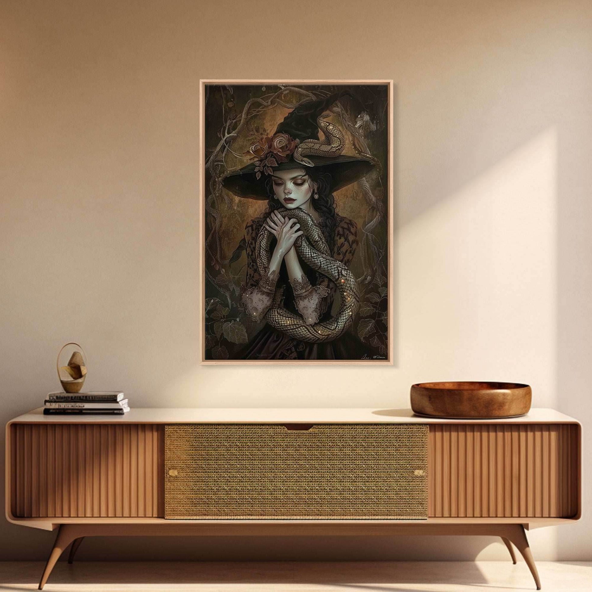 Mysterious Witch Holding Snake, Framed Canvas Print, Gothic Witch Art, Dark Fantasy Decor, Witch and Serpent, Halloween Accessories - 8x12 Inches / Gallery Wrap Canvas - Ready To Hang