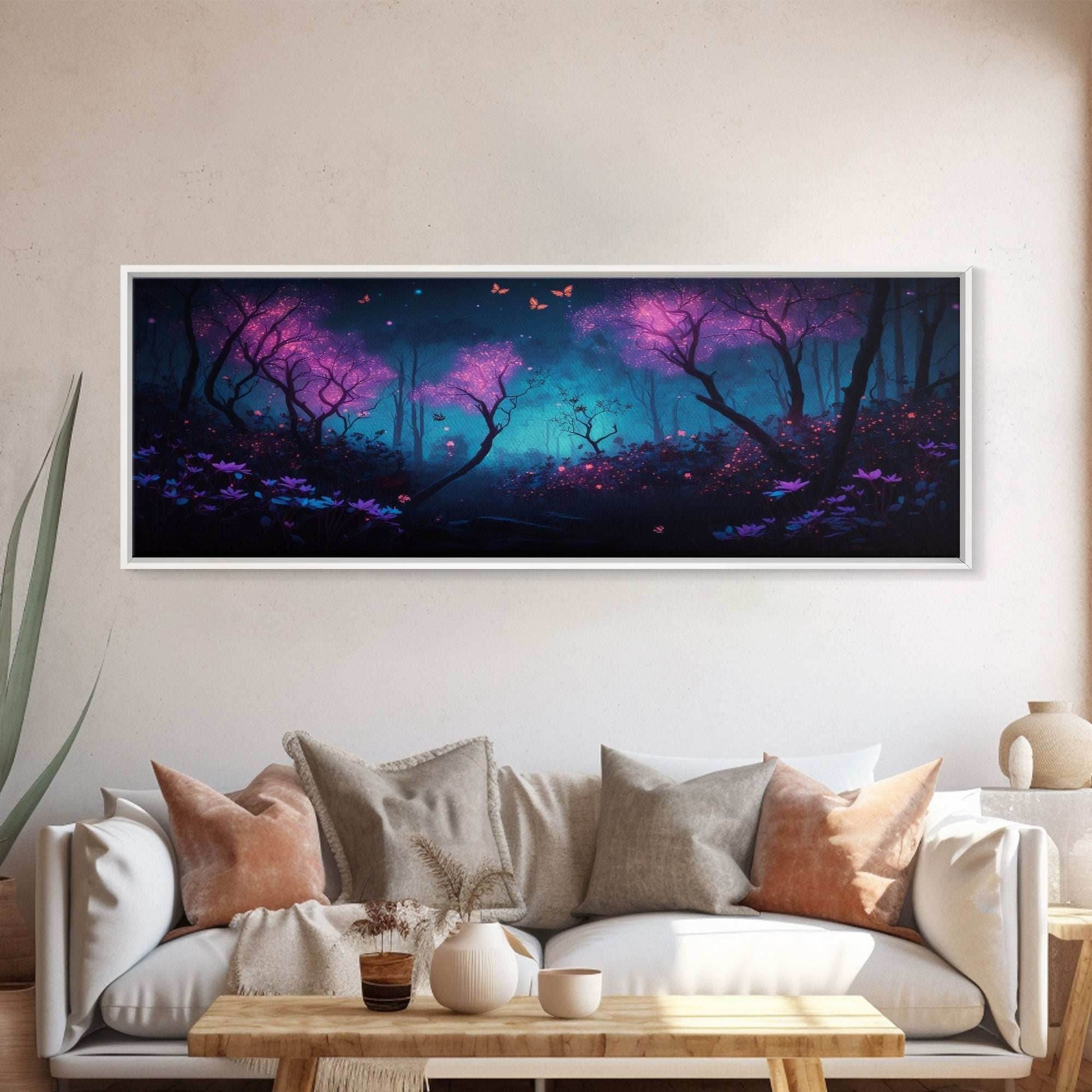 Beautiful Fantasy Forest, Framed Canvas Print, Fantasy Art, Butterflies and Fireflies Light up a Fairy Forest At Night, Framed Wall Art - 10x30 Inches / Gallery Wrap Canvas - Ready To Hang