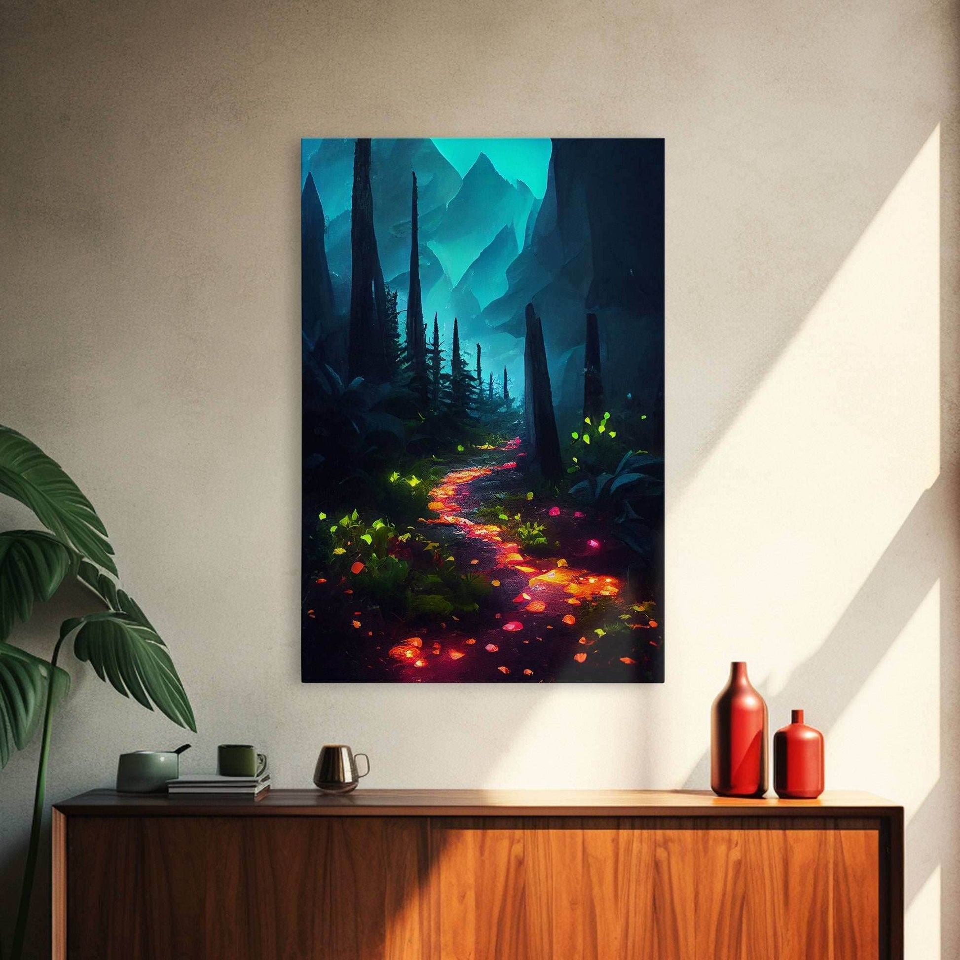 Luminescent magical forest canvas print, glowing trail though the trees, fantasy art - 8x12 Inches / Gallery Wrap Canvas - Ready To Hang
