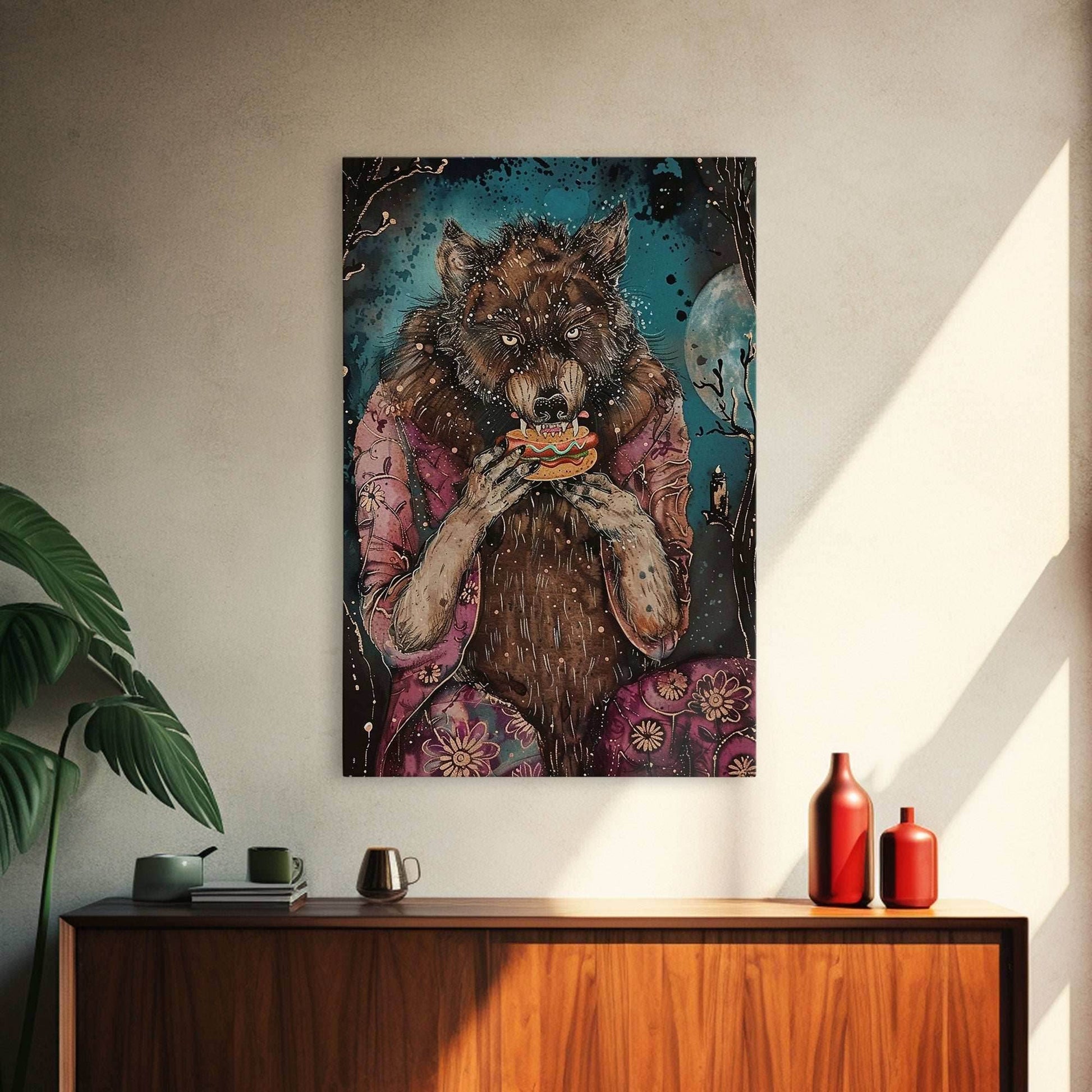 Halloween Werewolf Enjoying Hotdog, Framed Canvas Print, Wall Art, Home Decor, Spooky Artwork, Fantasy Decor, Halloween Decor, Holiday Gift - 8x12 Inches / Gallery Wrap Canvas - Ready To Hang