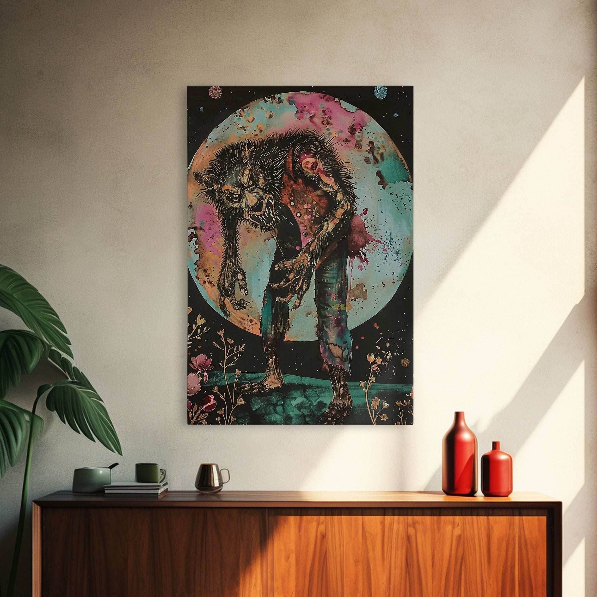 Halloween Werewolf Transformation, Framed Canvas Print, Wall Art, Home Decor, Spooky Artwork, Monster Decor, Halloween Decor, Fantasy Art - 8x12 Inches / Gallery Wrap Canvas - Ready To Hang