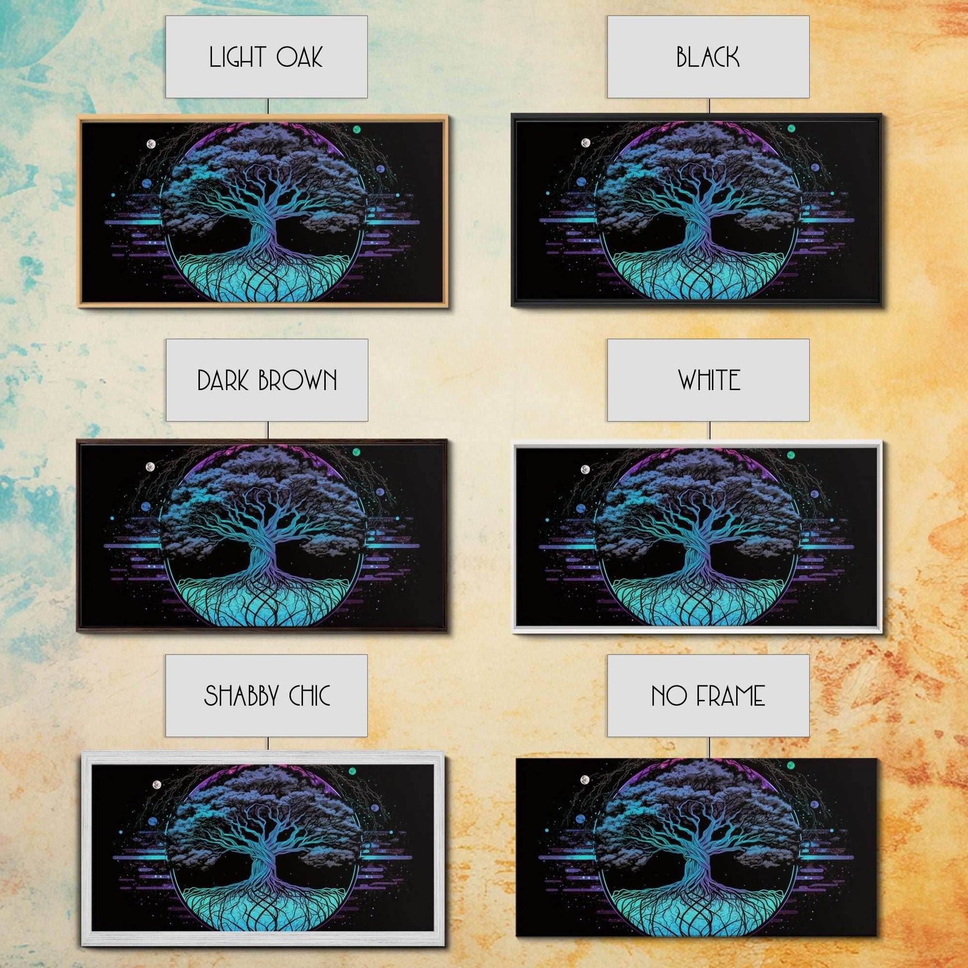 Norse Mythology Art, Synthwave Style Yggdrasil Tree of Life and the 9 Realms, Fantasy Art, Framed Canvas Print, Game Room Nordic Art - 10x20 Inches / Gallery Wrap Canvas - Ready To Hang