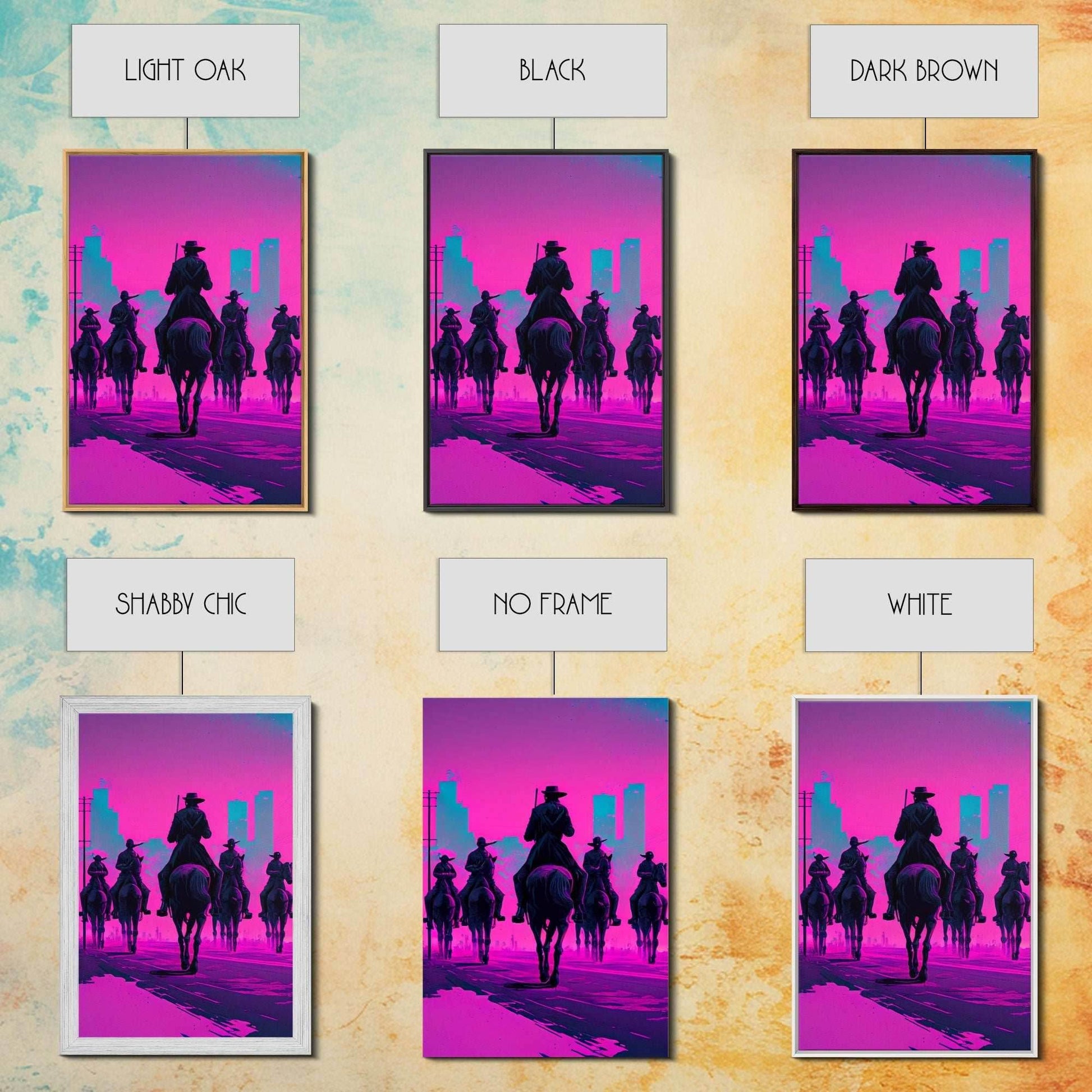 Post-Apocalyptic Cowboys, Vaporwave Aesthetic fantasy art, framed canvas print - 8x12 Inches / Gallery Wrap Canvas - Ready To Hang