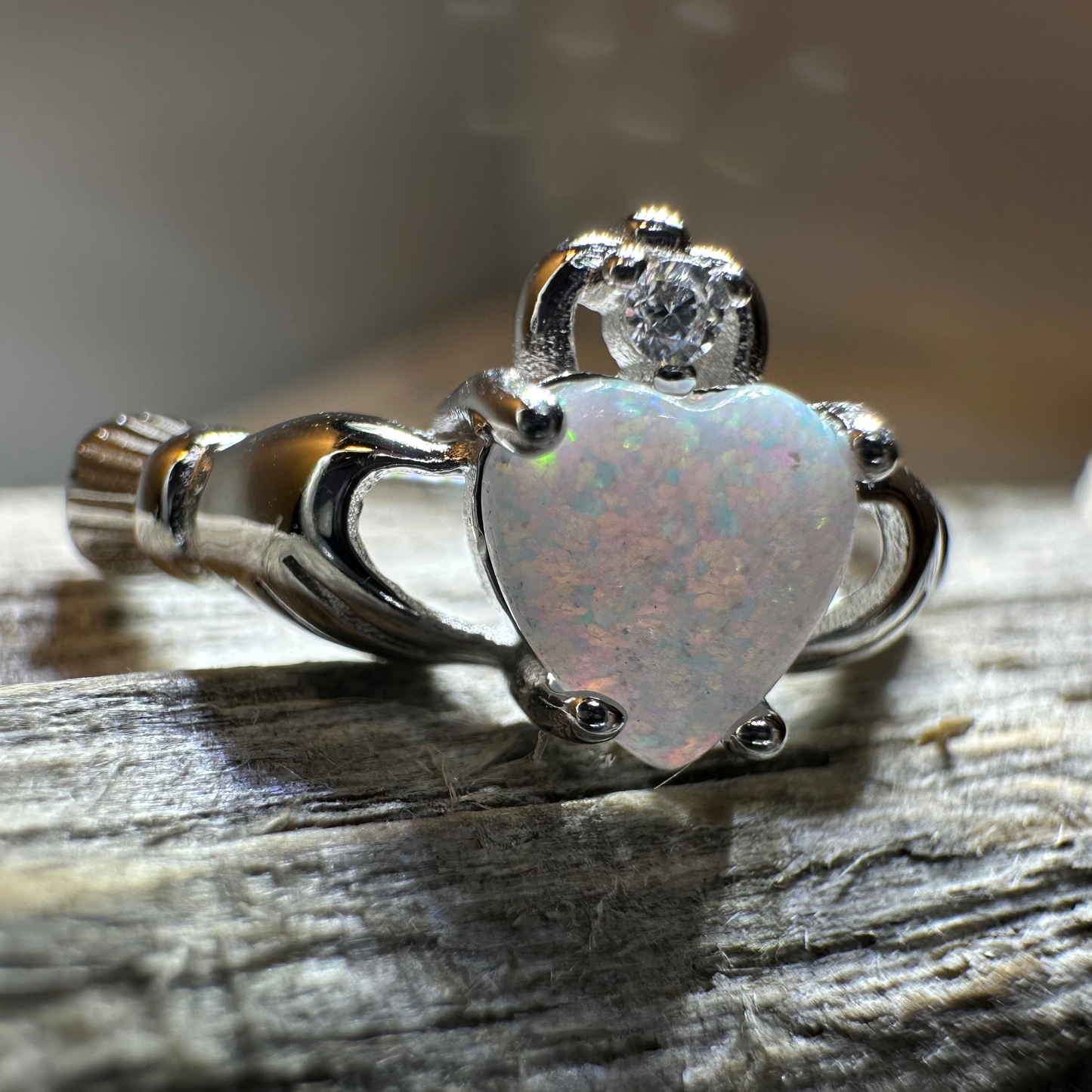 White Fire Opal Claddagh Ring
