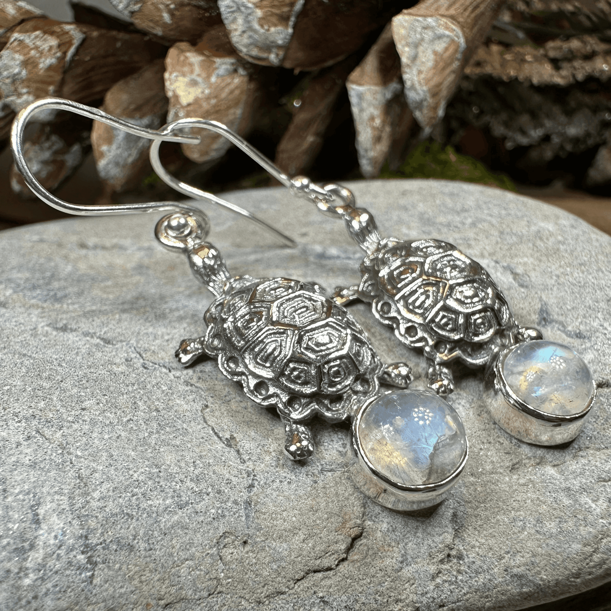 Turtle Moonstone Earrings - Round Stone