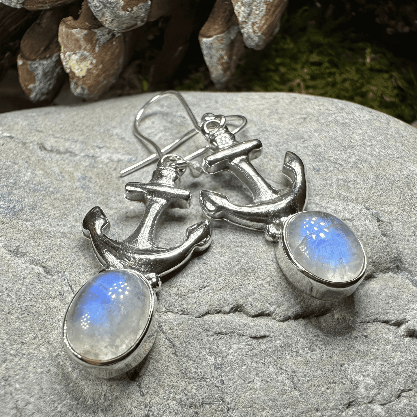 Moonstone Anchor Earrings - Oval Stone