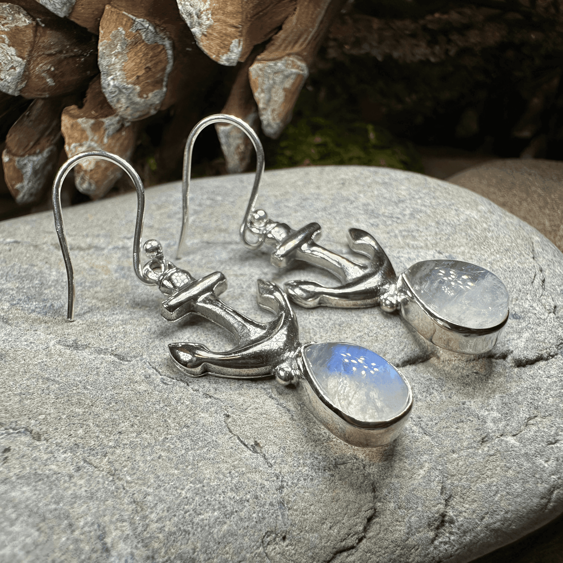 Moonstone Anchor Earrings - Oval Stone