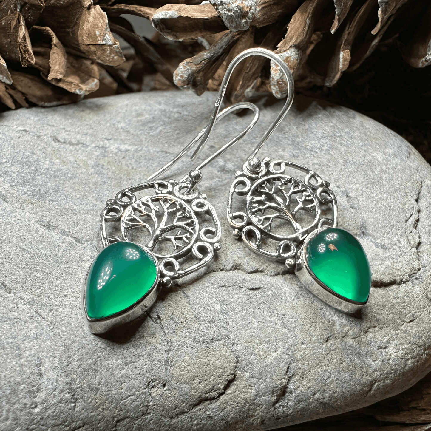 Ancient Tree of Life Earrings - Green Chalcedony