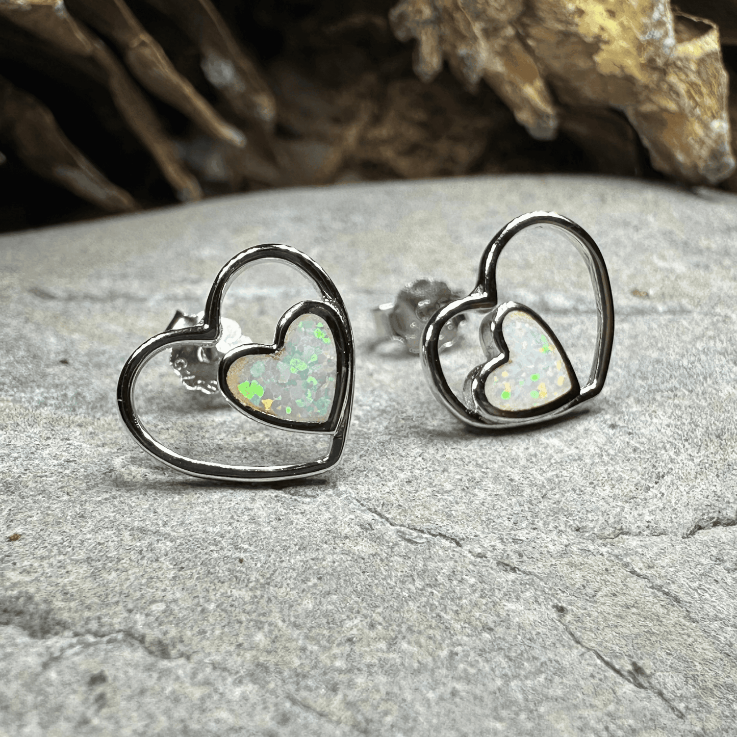 Double Heart Stud Earrings - White