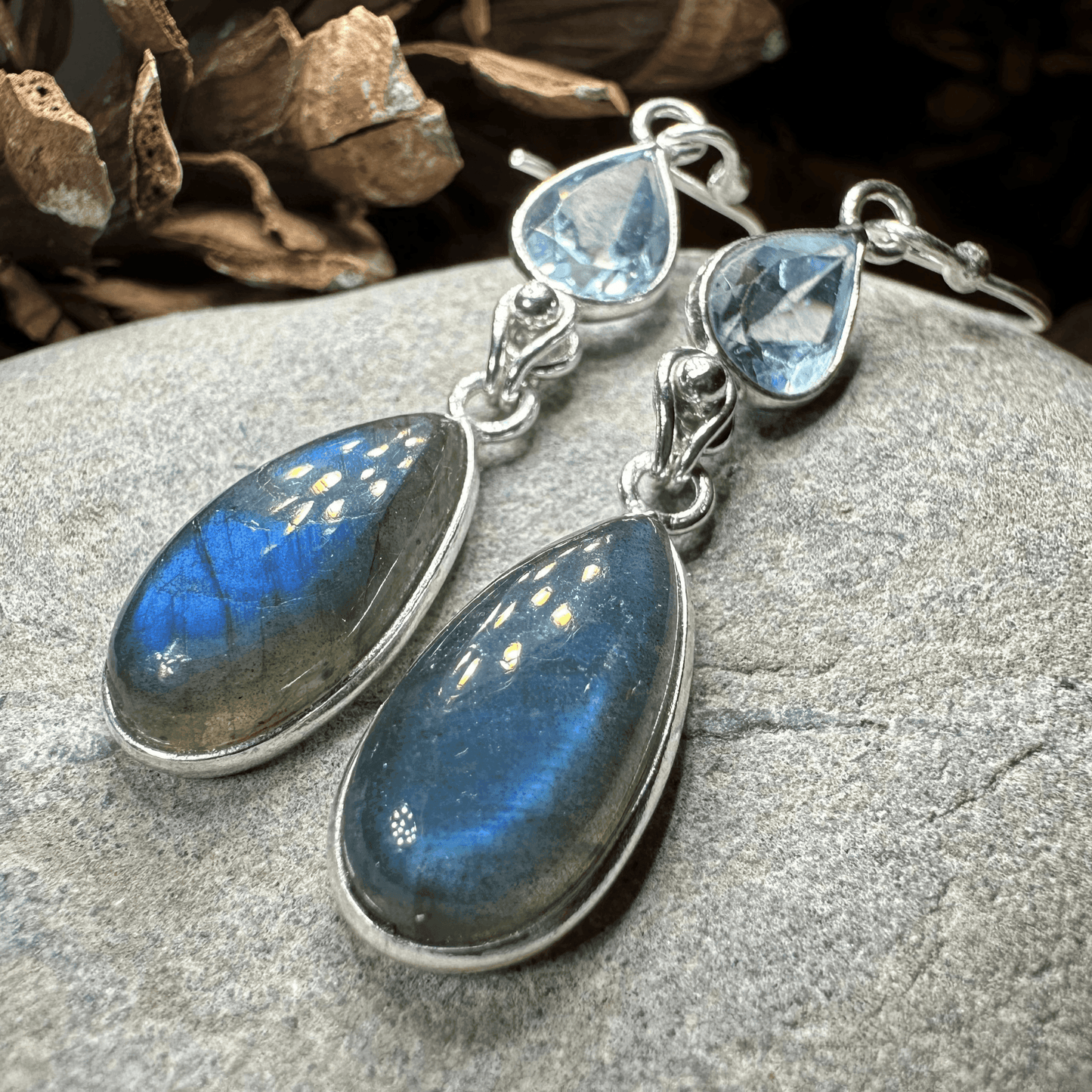 Celtic Waters Earrings - Teardrop Stone Blue Topaz