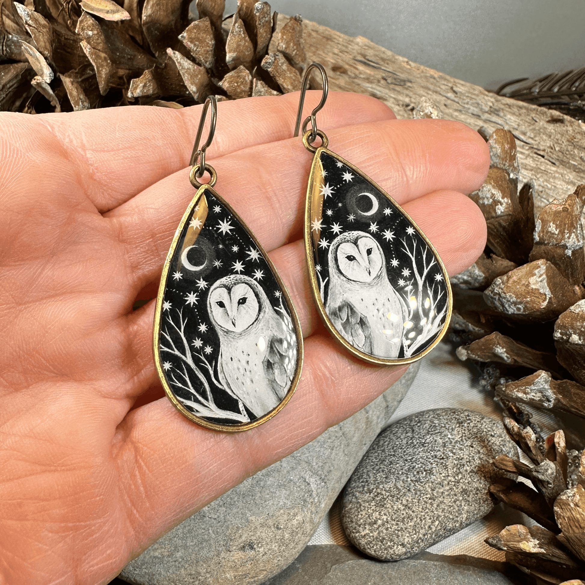 Night Sky Barn Owl Earrings - 