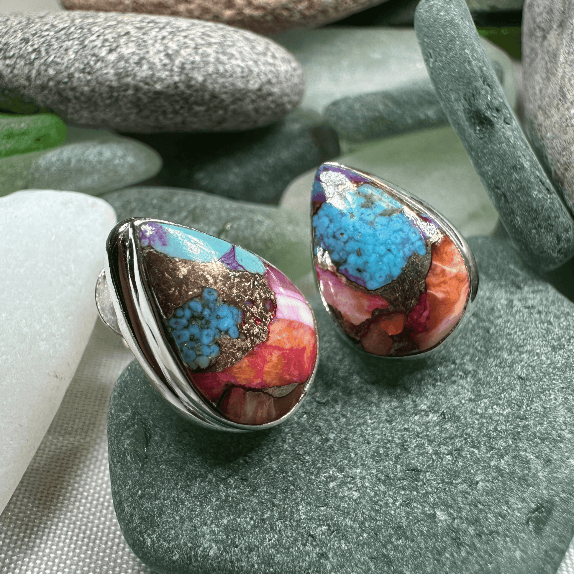 Classic Copper Turquoise Post Earrings - Teardrop Pink
