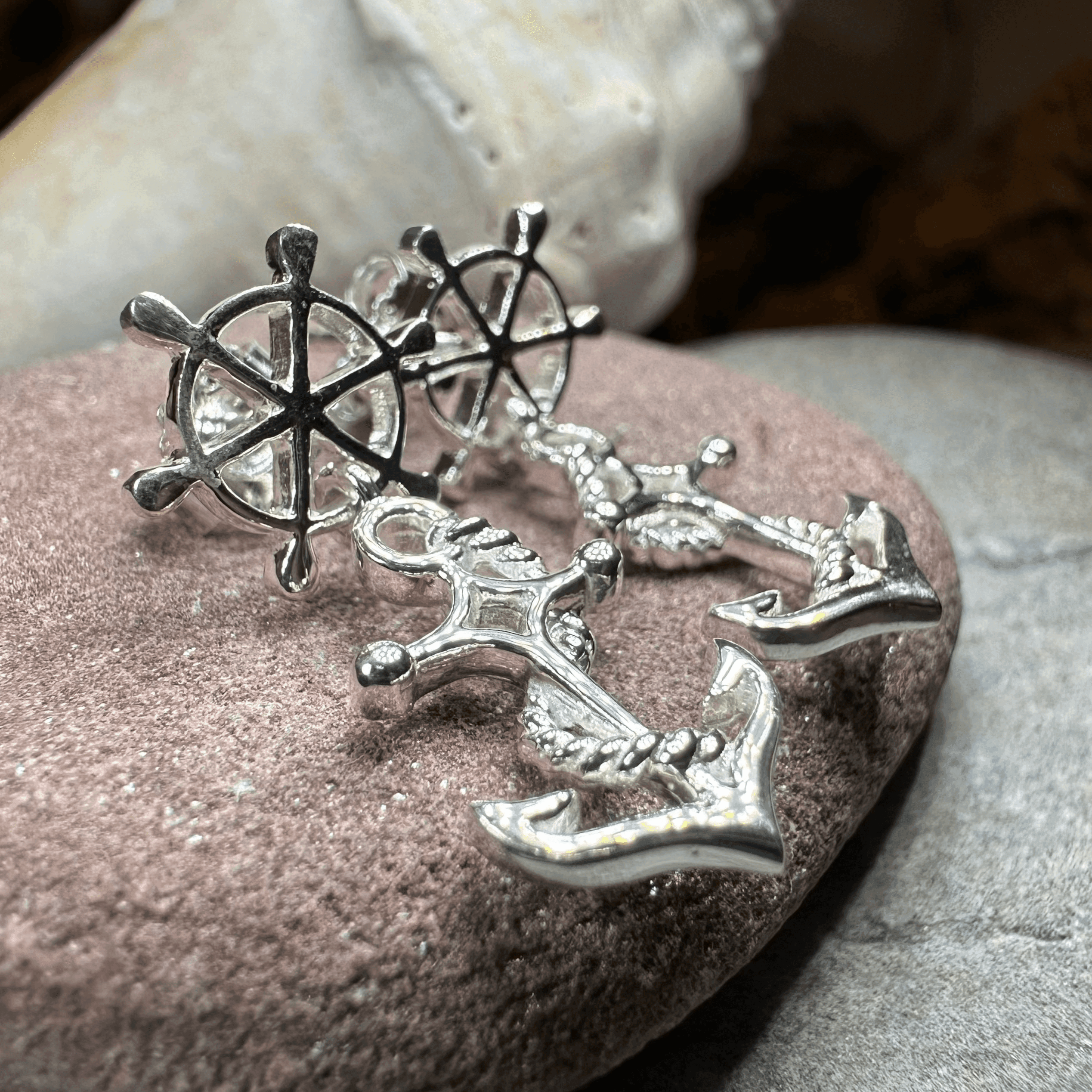 Ship's Wheel Anchor Post Earrings - 