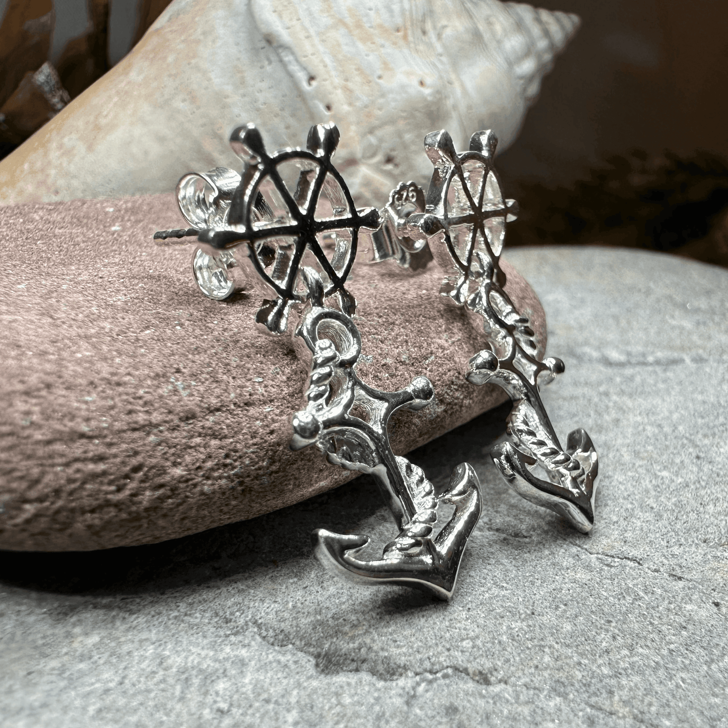 Ship's Wheel Anchor Post Earrings - 