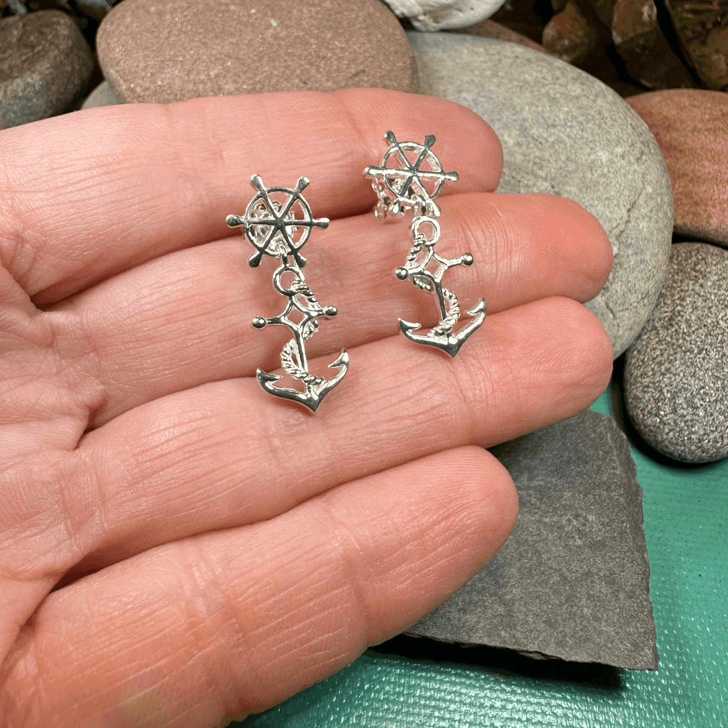 Ship's Wheel Anchor Post Earrings - 