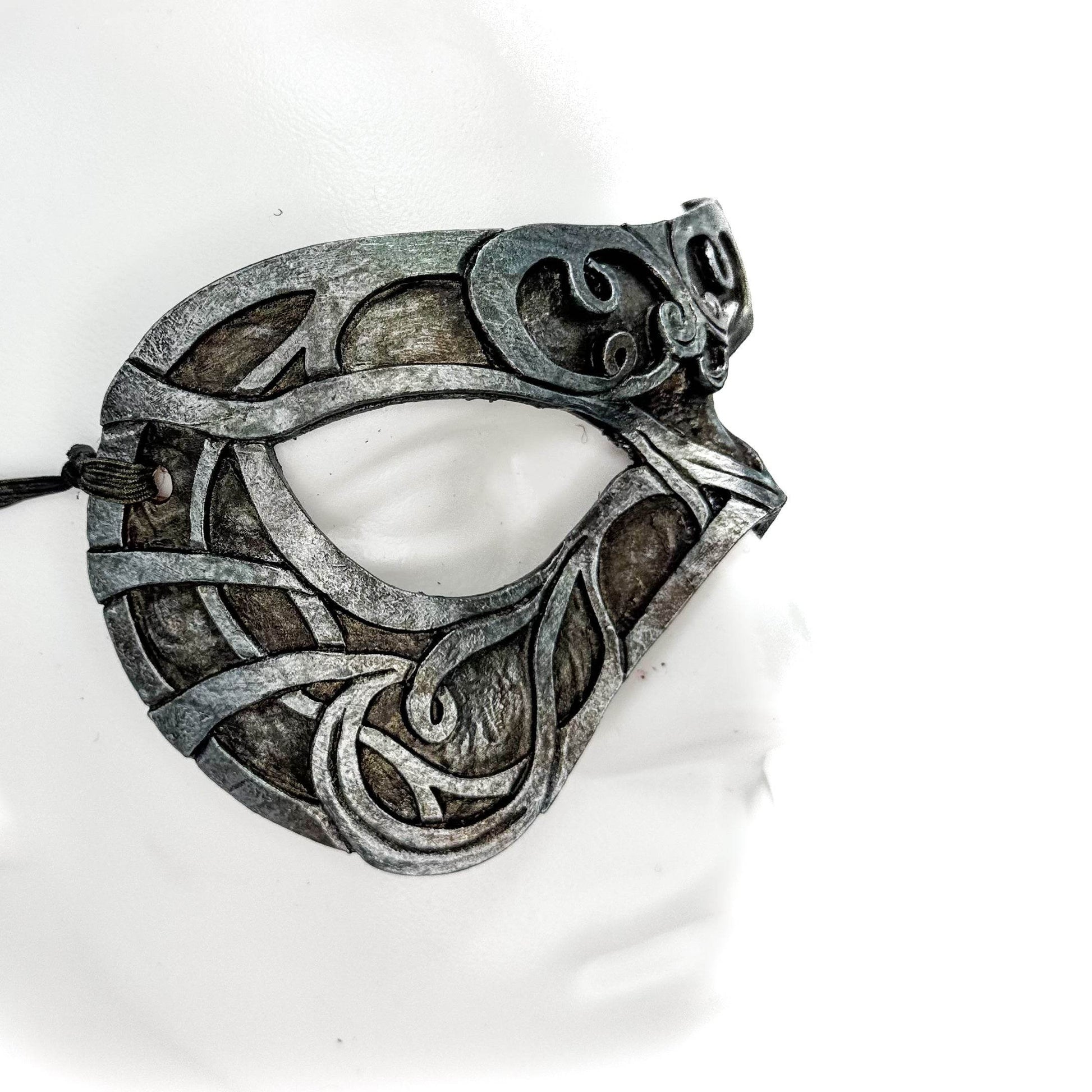 Dual Layer Ornate Masquerade Handmade Genuine Leather Eye Mask in Antiqued Silver - 