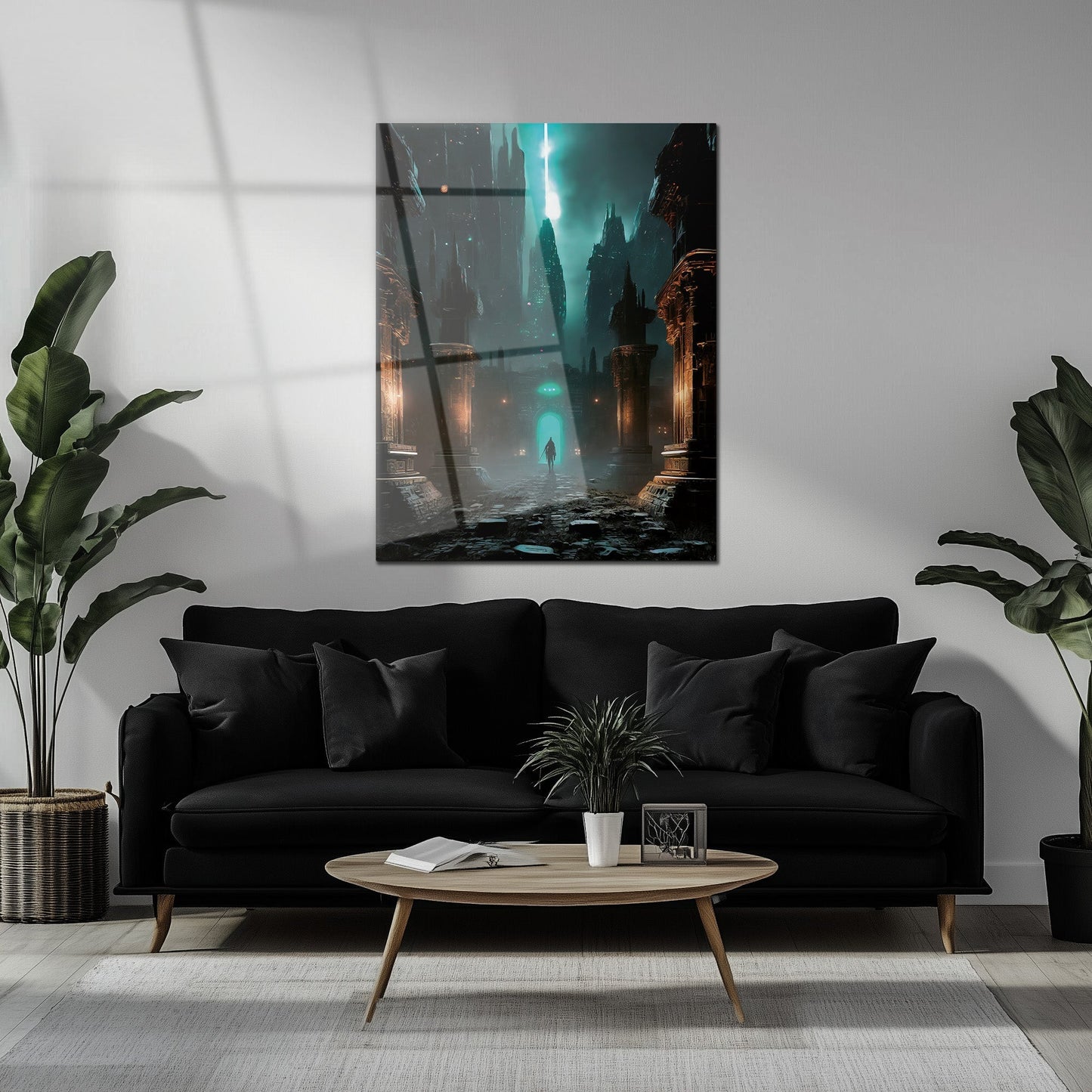 Dark Fantasy Fortress UV Glass Wall Art – Mysterious Warrior in Ancient Alien Ruins-KAFCD070