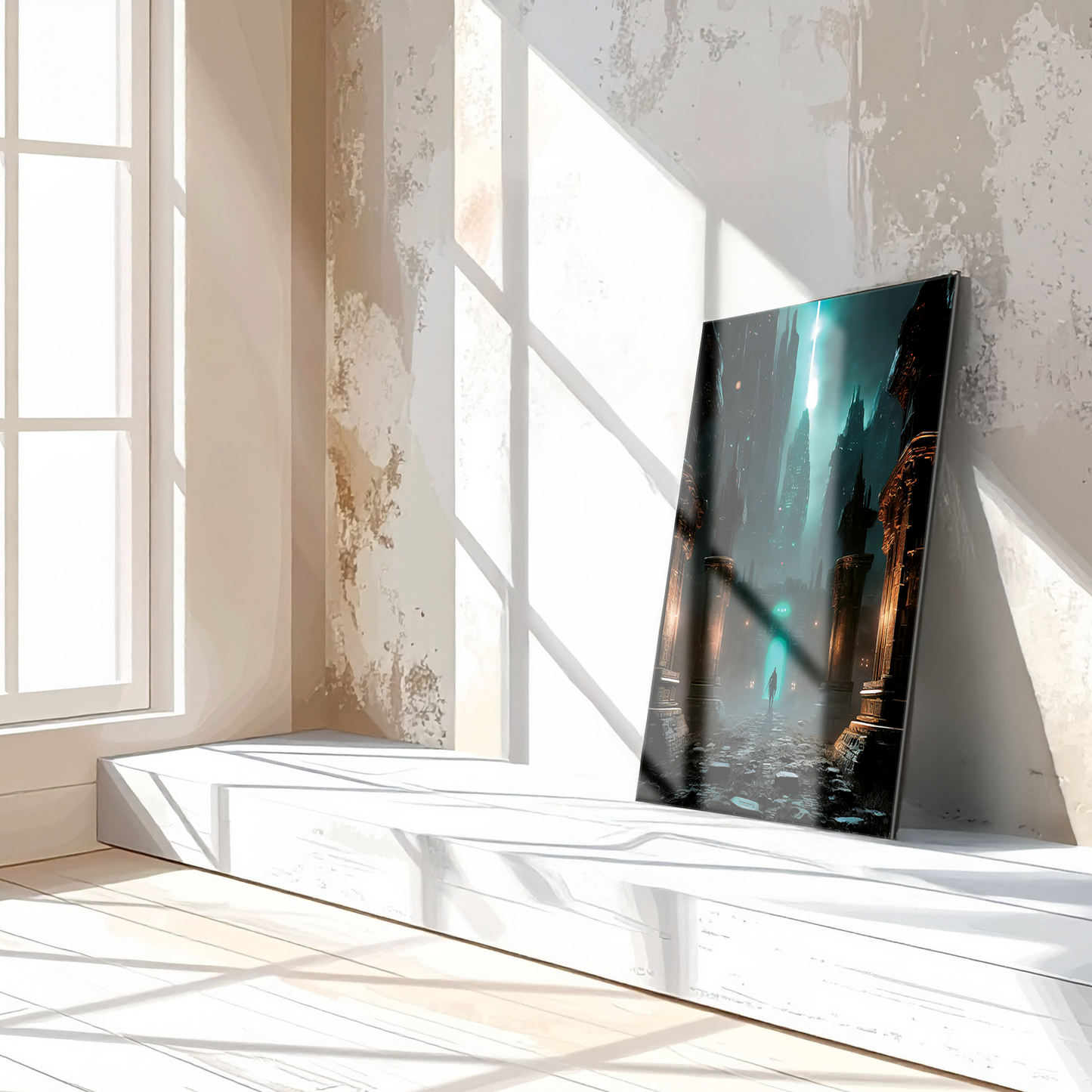 Dark Fantasy Fortress UV Glass Wall Art – Mysterious Warrior in Ancient Alien Ruins-KAFCD070