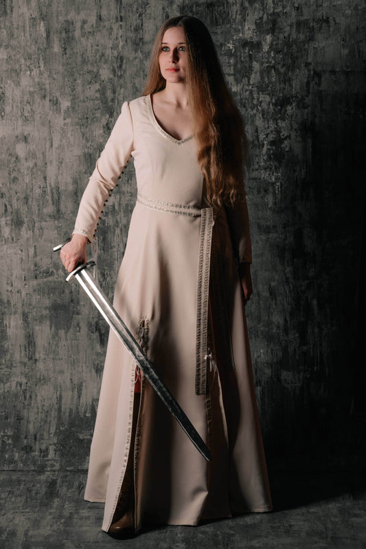 Elegant Lace-Up Beige Dres - S / Beige