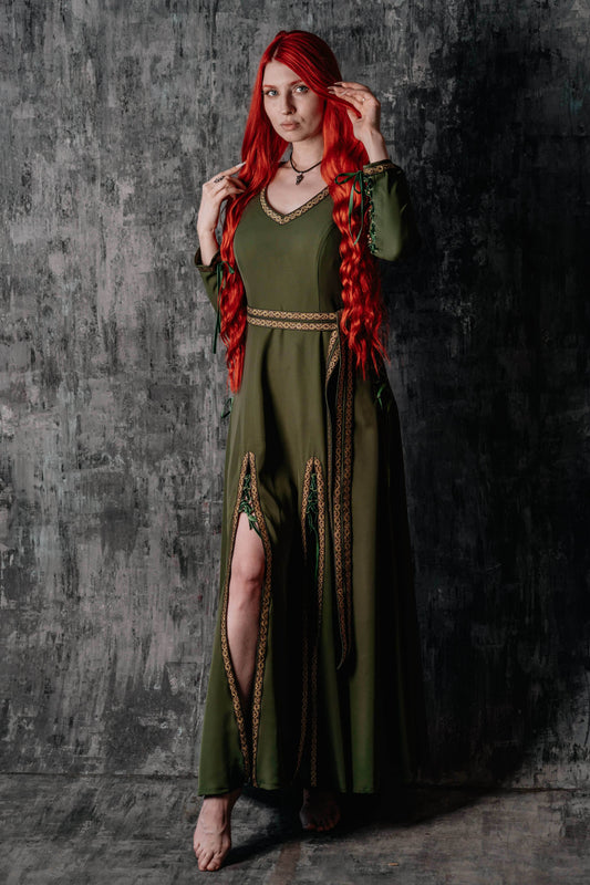Elegant Lace-Up Green Dress - S / Green