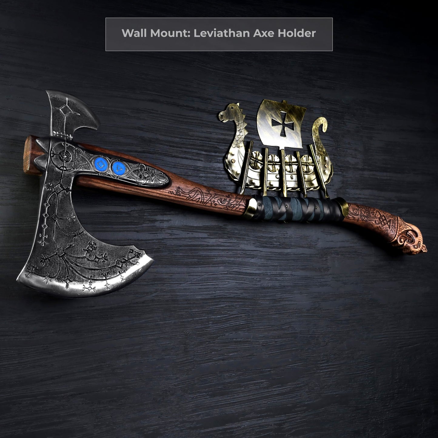 Hand-forged "Ragnarok Kratos axe" with carved handle and Luminescent Glow-in-the-Dark Runes