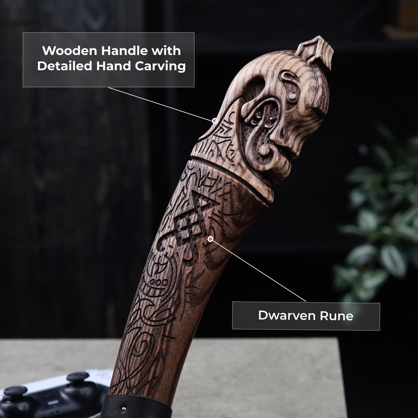 Hand-forged "Ragnarok Kratos axe" with carved handle and Luminescent Glow-in-the-Dark Runes