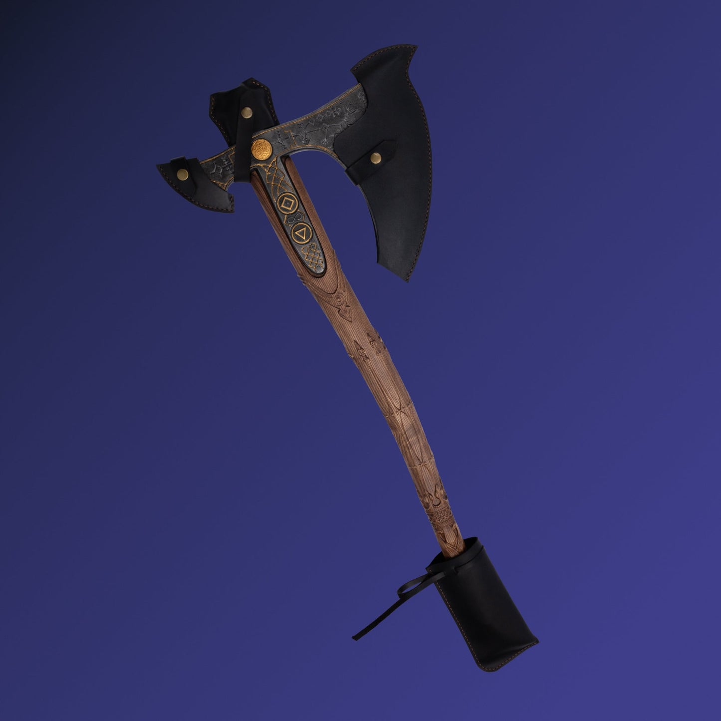 Handcrafted Leviathan axe with leather cover and glow in the dark runes