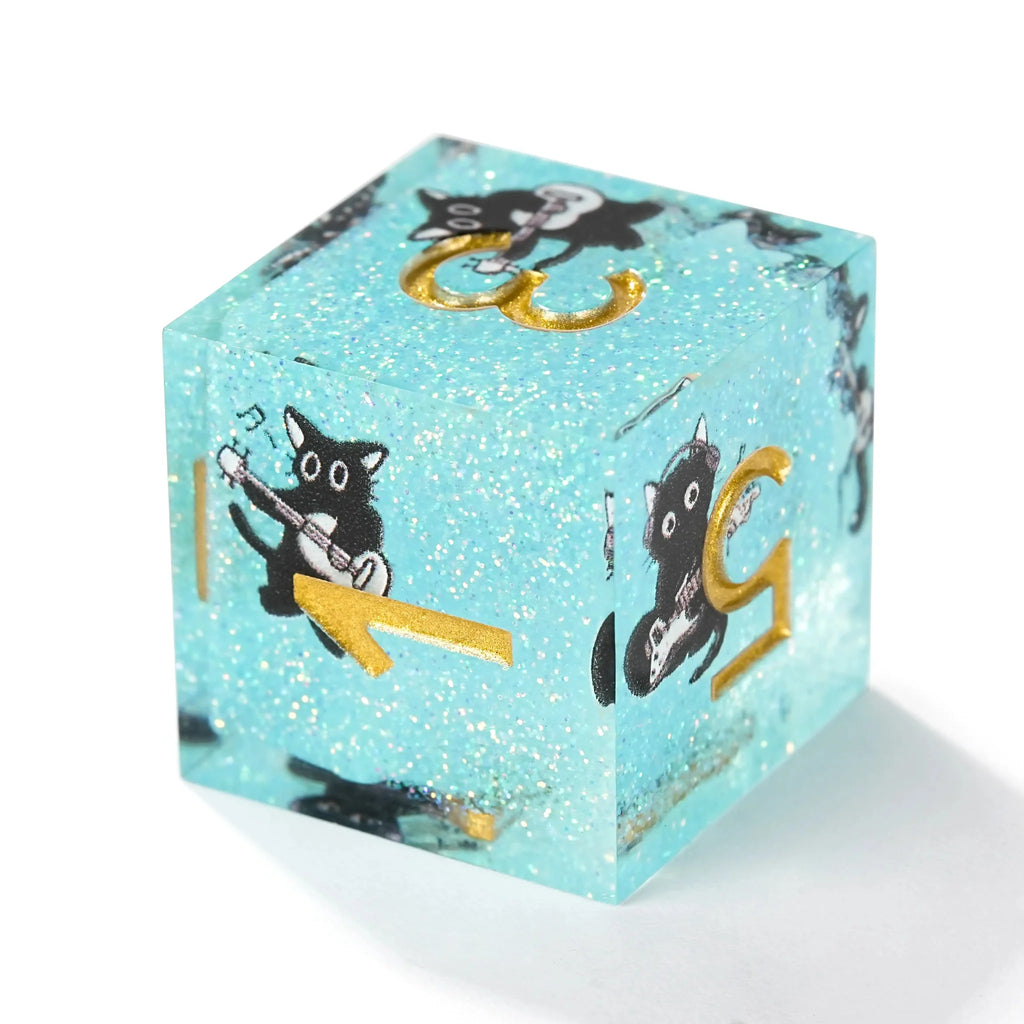 Dynamic Music Black Cat Light Blue Glitter Resin DND Dice Set