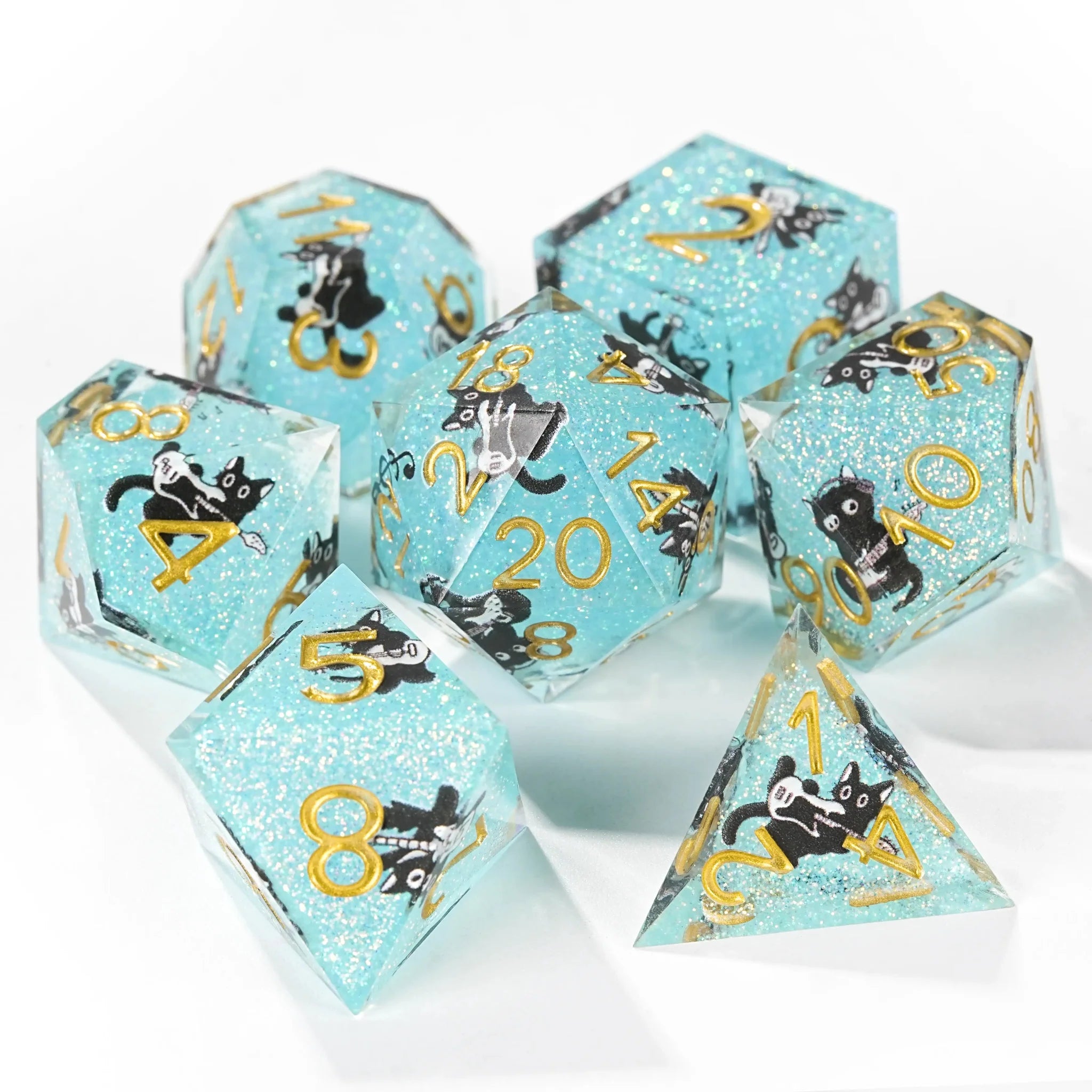 Dynamic Music Black Cat Light Blue Glitter Resin DND Dice Set