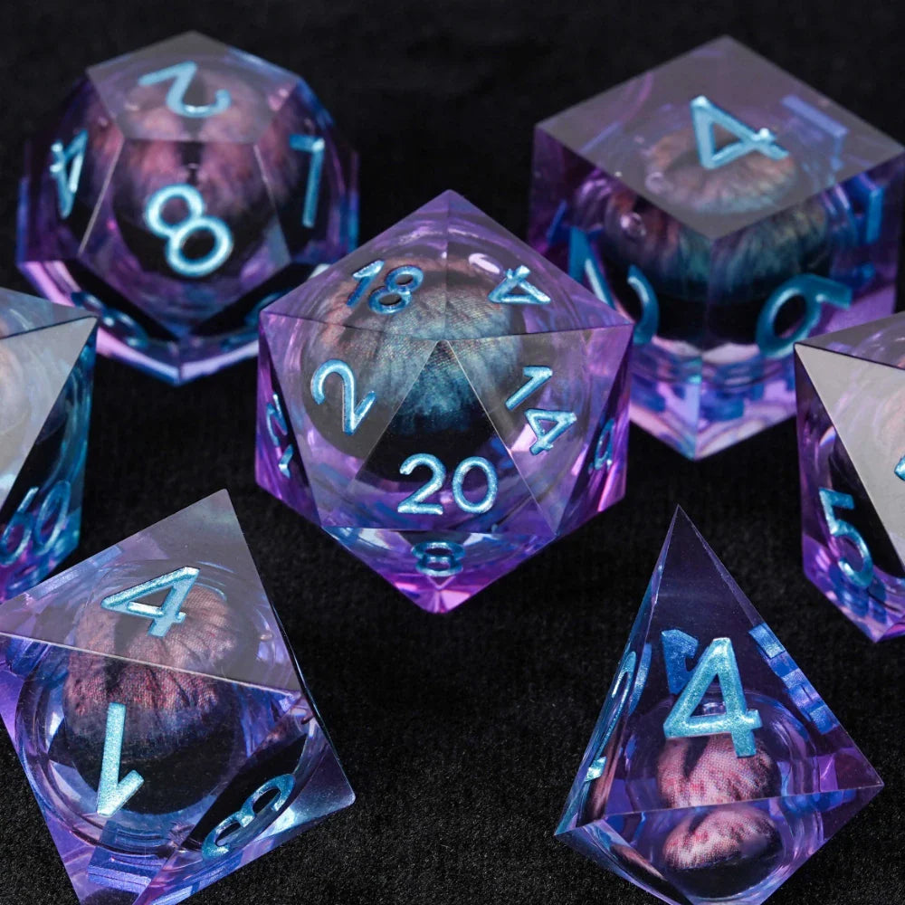 Purple transparent resin liquid core dragon eye DND dice set + Blue Font