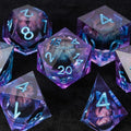 Purple transparent resin liquid core dragon eye DND dice set + Blue Font