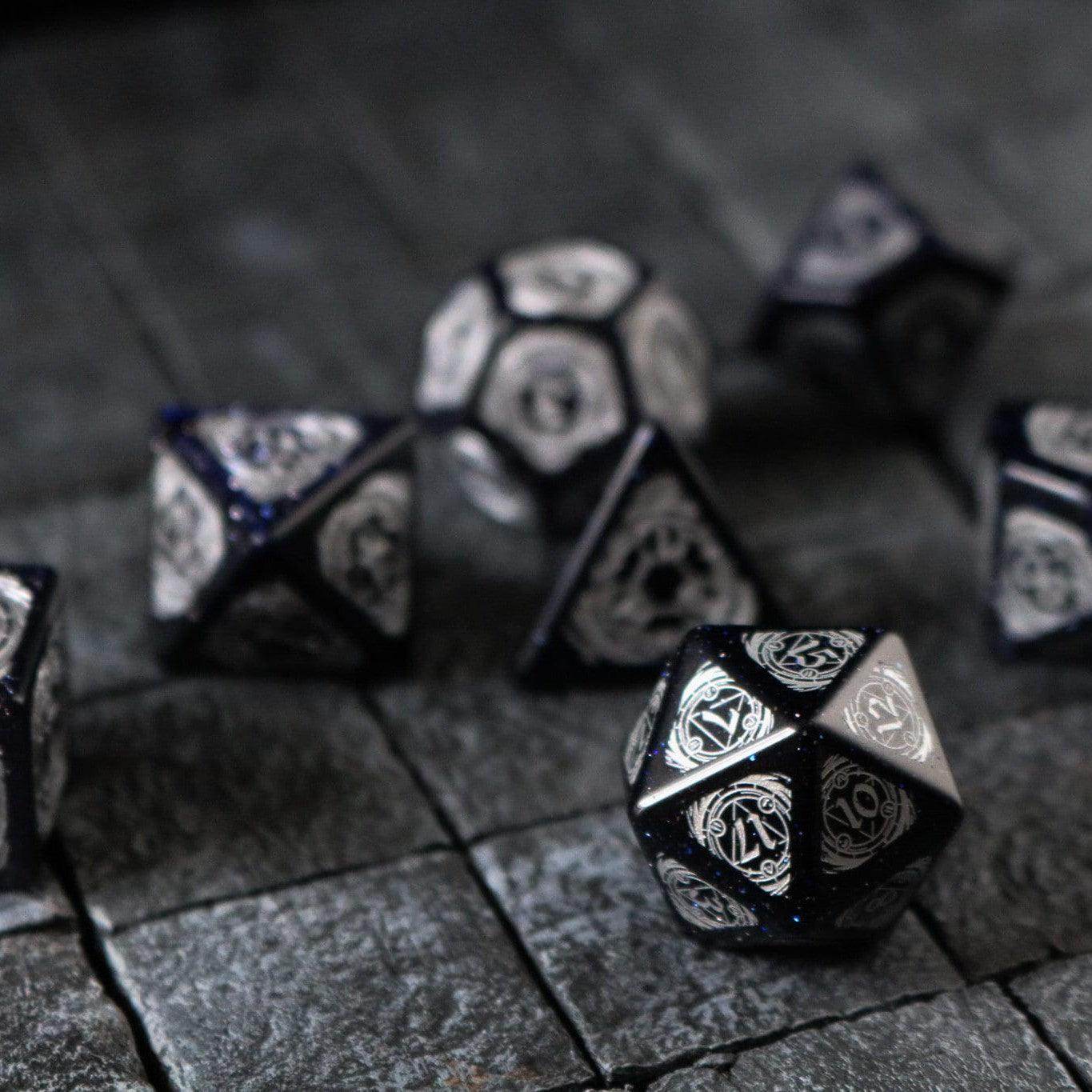Mage Fury Blue Sandstone Silver Font Gemstone DND Dice Set - Full Set And Free Dice Box