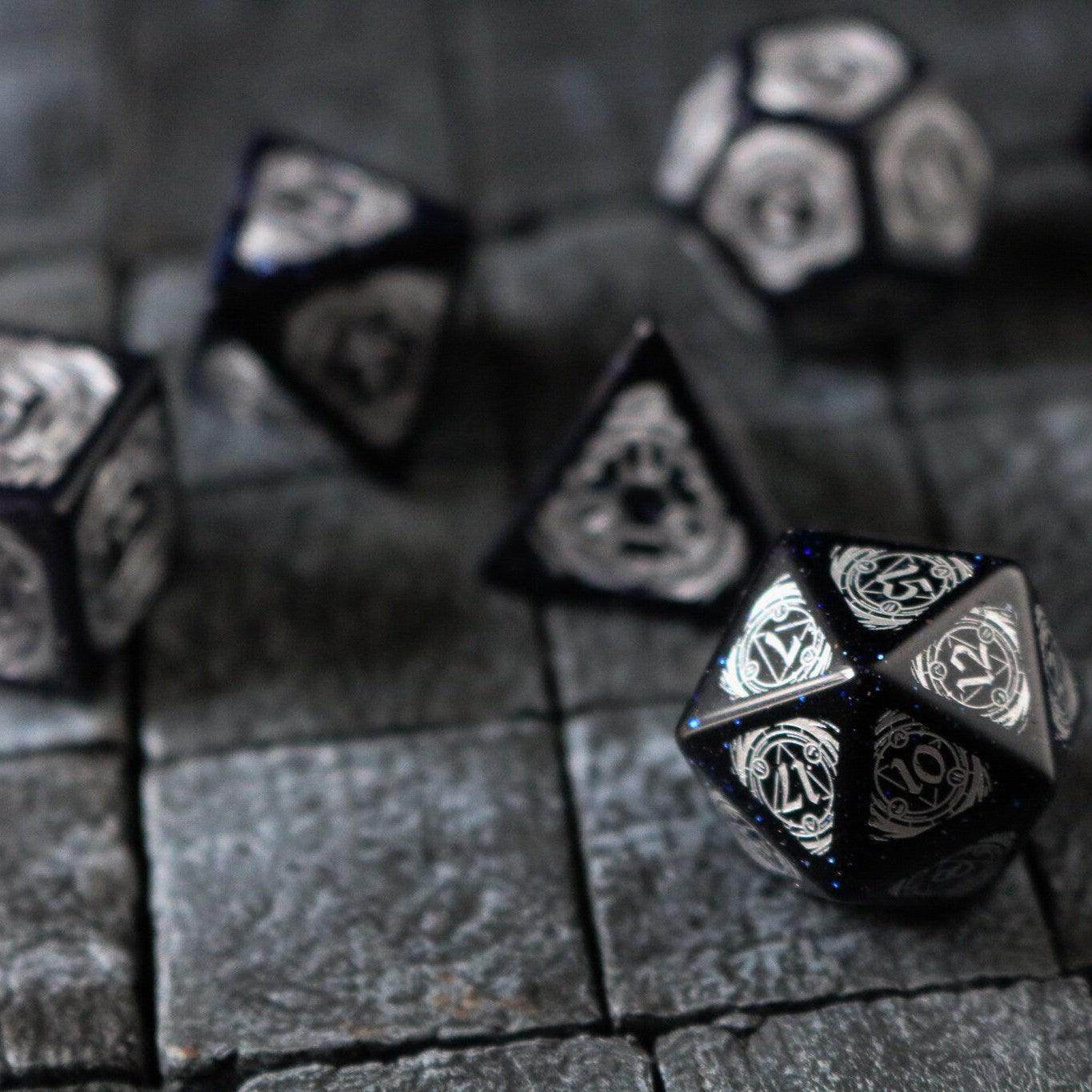 Mage Fury Blue Sandstone Silver Font Gemstone DND Dice Set - Full Set And Free Dice Box