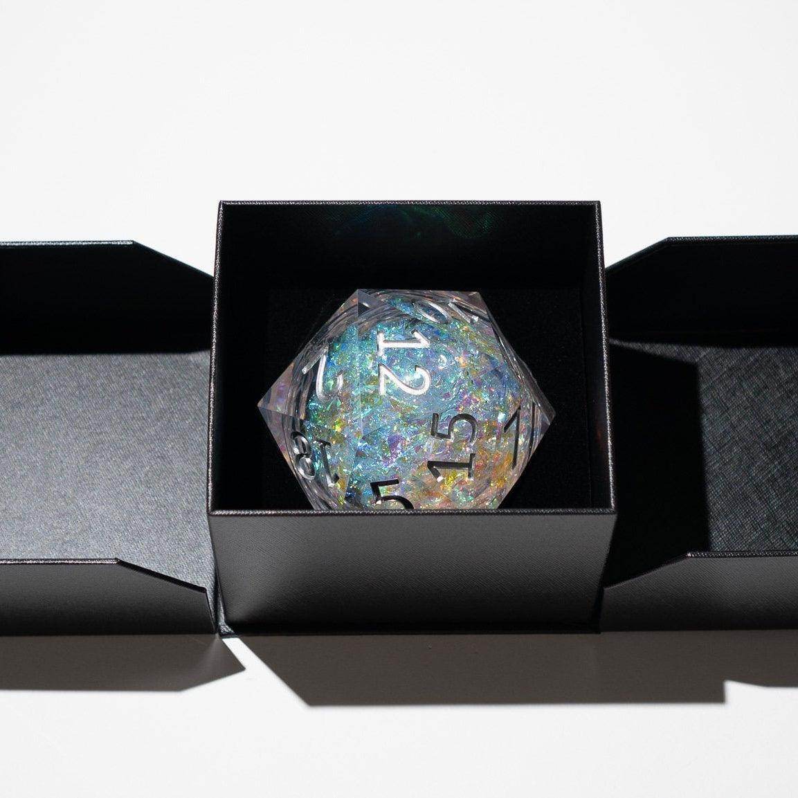 Massive Silver And Foil Liquid Core 95MM Chonk Handmade Resin Dice And Box - Only 1 D20
