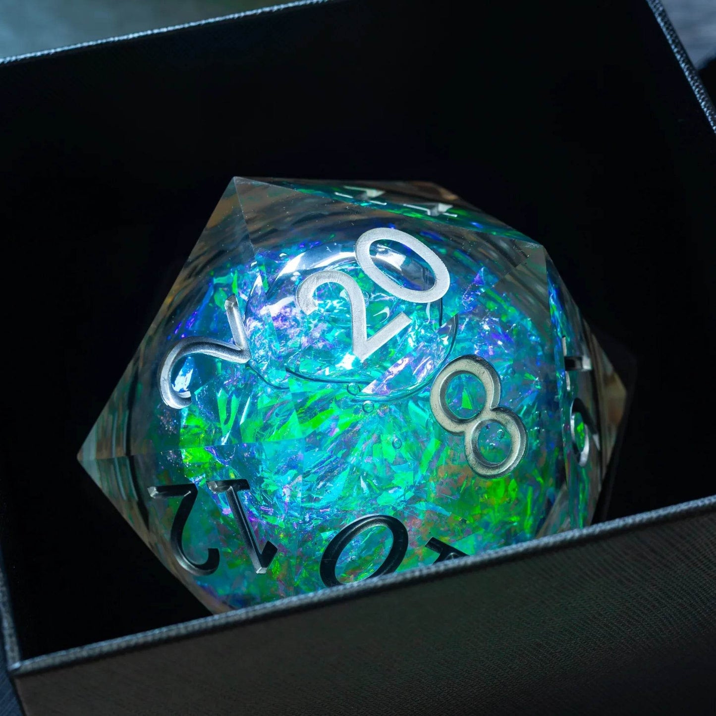 Massive Silver And Foil Liquid Core 95MM Chonk Handmade Resin Dice And Box - Only 1 D20