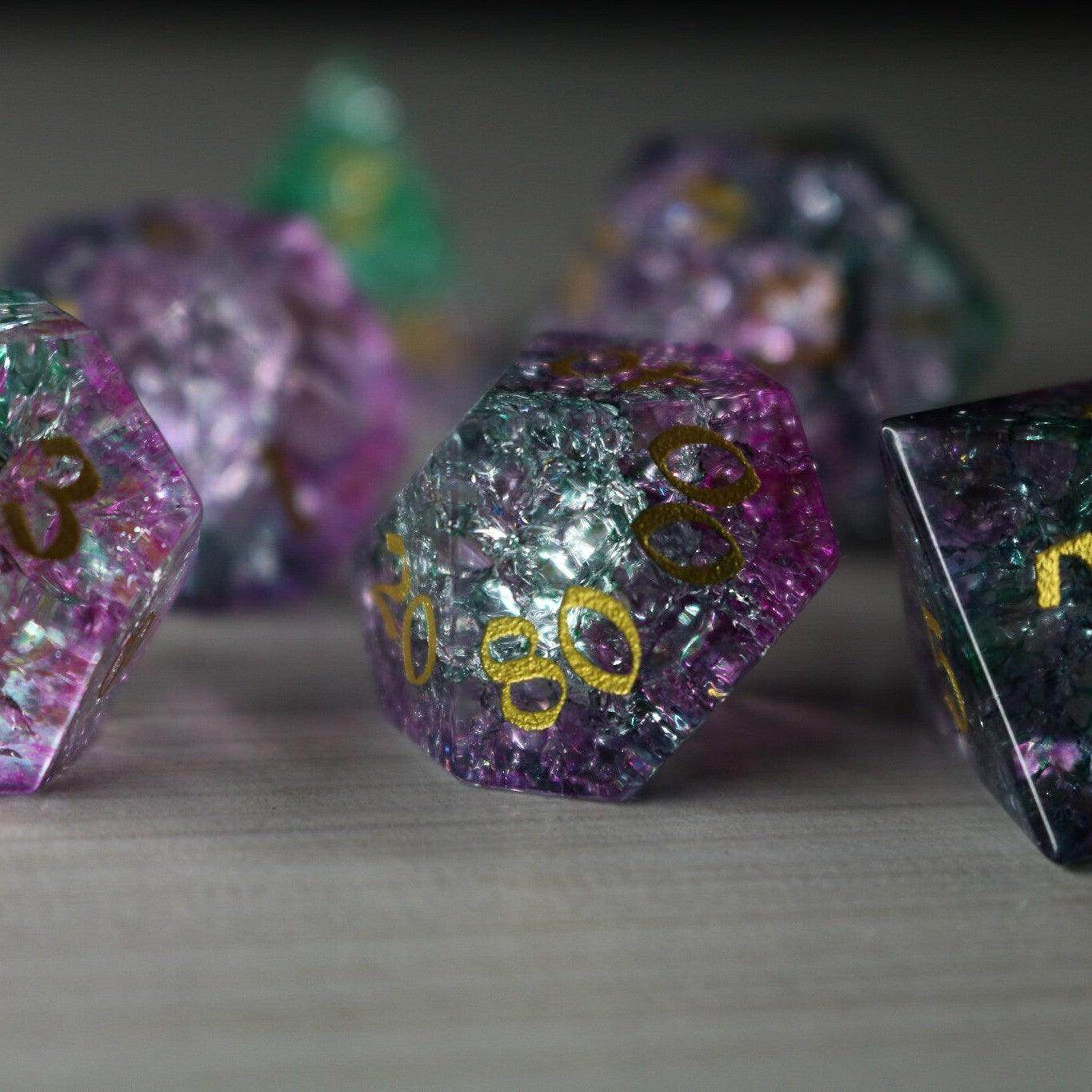 Moon Gate Purple Forge Fire Glass DND Dice Set - Full Set And Free Dice Box
