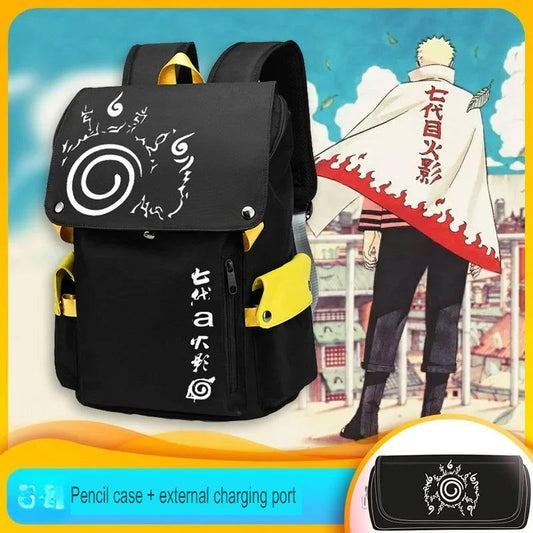 Naruto Anime Backpack, Includes Pencil Case and External Charging Port, Uzumaki Akatsuki School Students Schoolbag Leisure Computer Bag