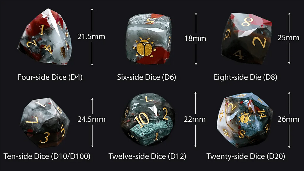 Kickstarter Dice - Natural Bloodstone DND Gemstone Dice Set - Khepri's Blessing