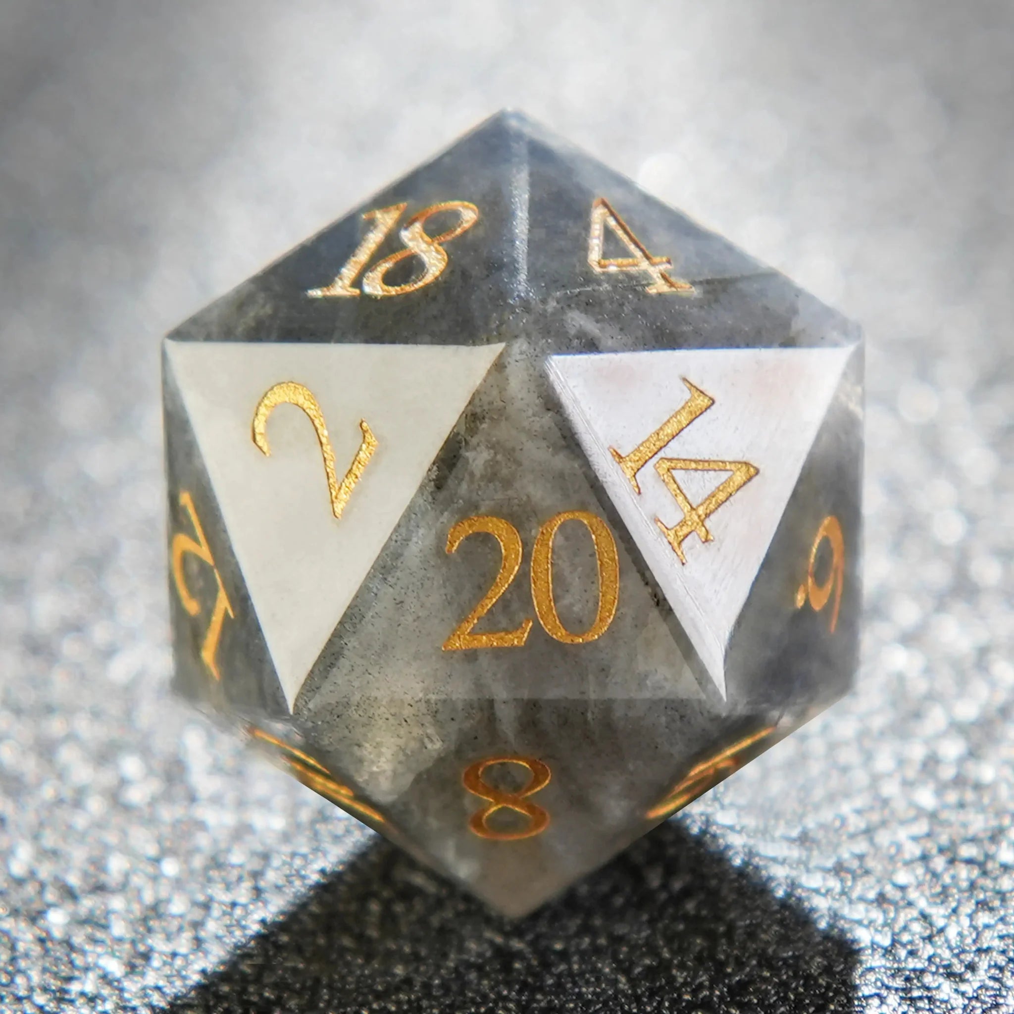 Natural Grey Marble D&D Gemstone Dice Set + Gold Numbers