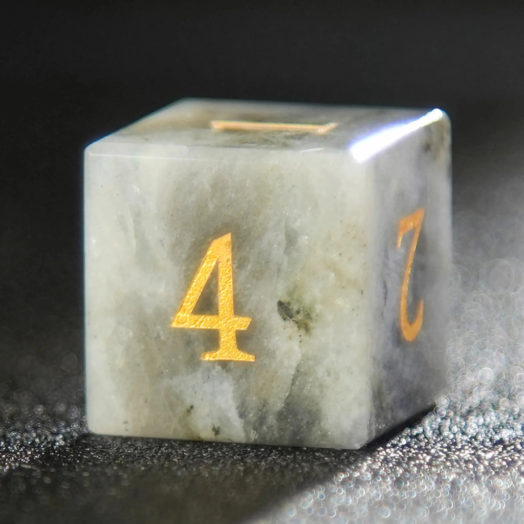 Natural Grey Marble D&D Gemstone Dice Set + Gold Numbers