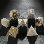 Natural Grey Marble D&D Gemstone Dice Set + Gold Numbers