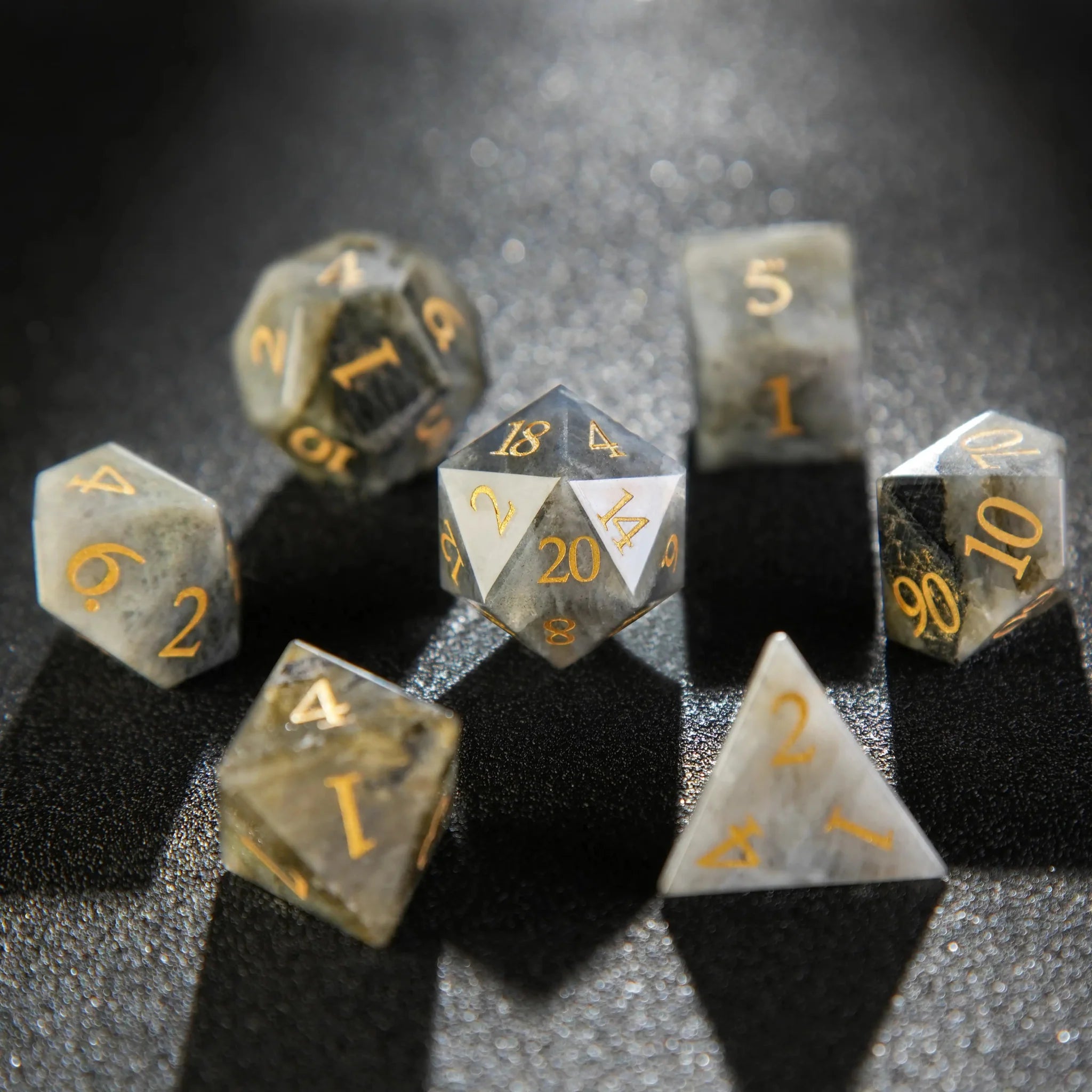 Natural Grey Marble D&D Gemstone Dice Set + Gold Numbers