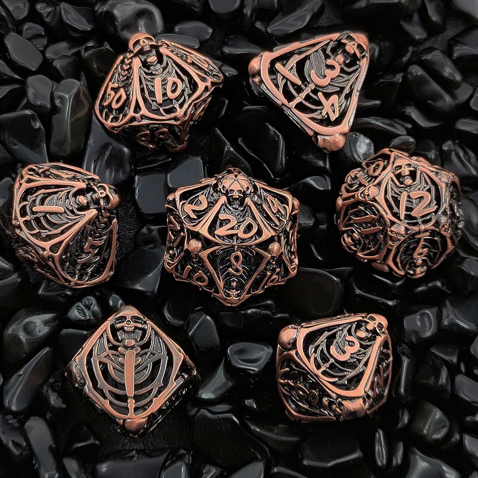 Necromancer - Ancient Red Copper Metal Hollow Skull DND Dice Set