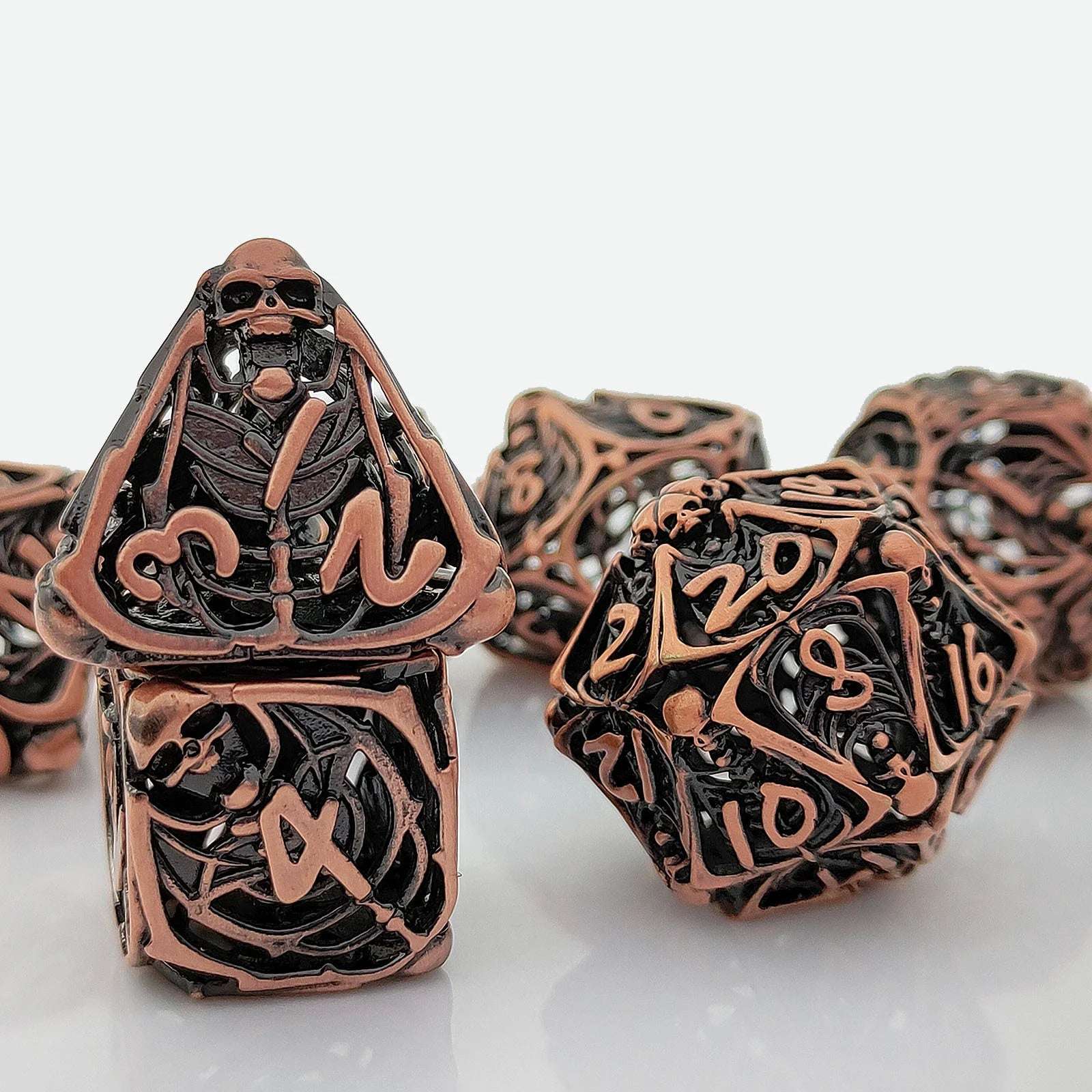 Necromancer - Ancient Red Copper Metal Hollow Skull DND Dice Set
