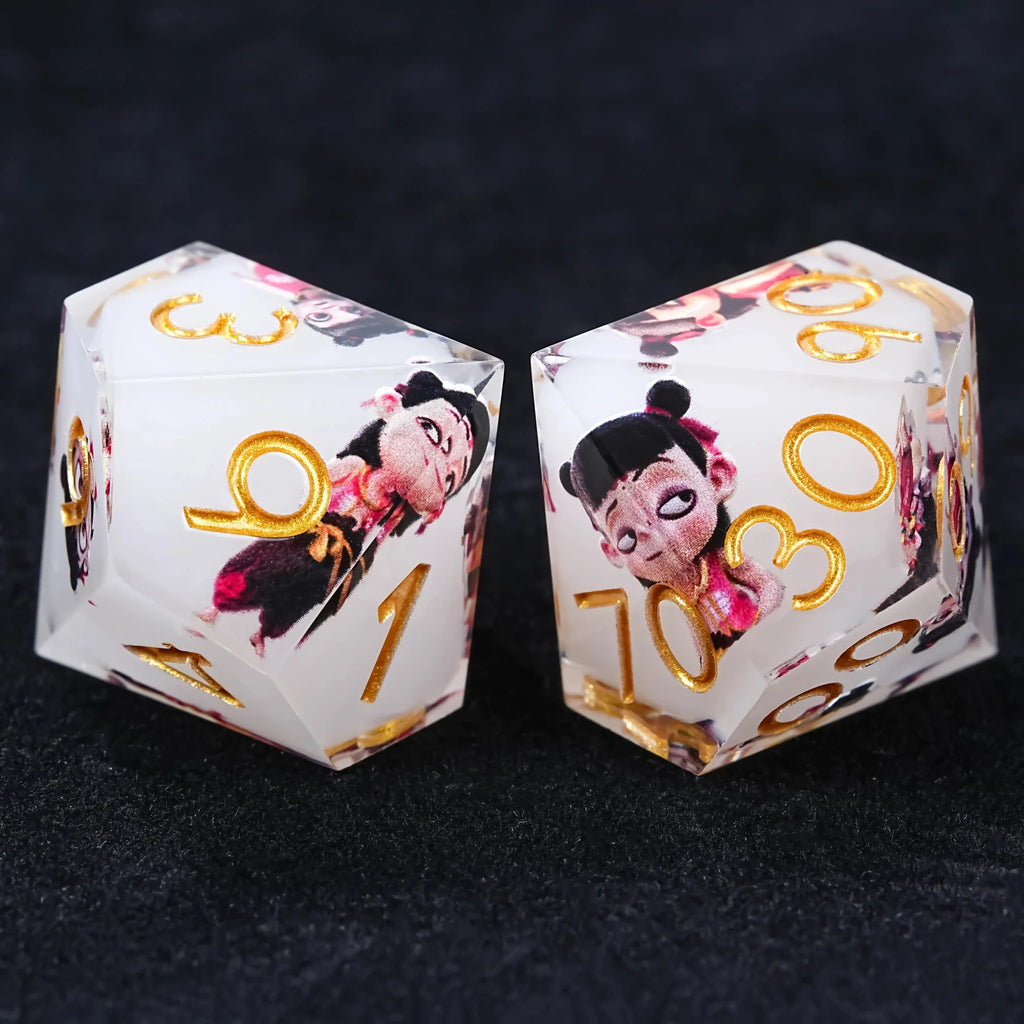 Nezha Themed White Resin Dice Set with Gold Numbers