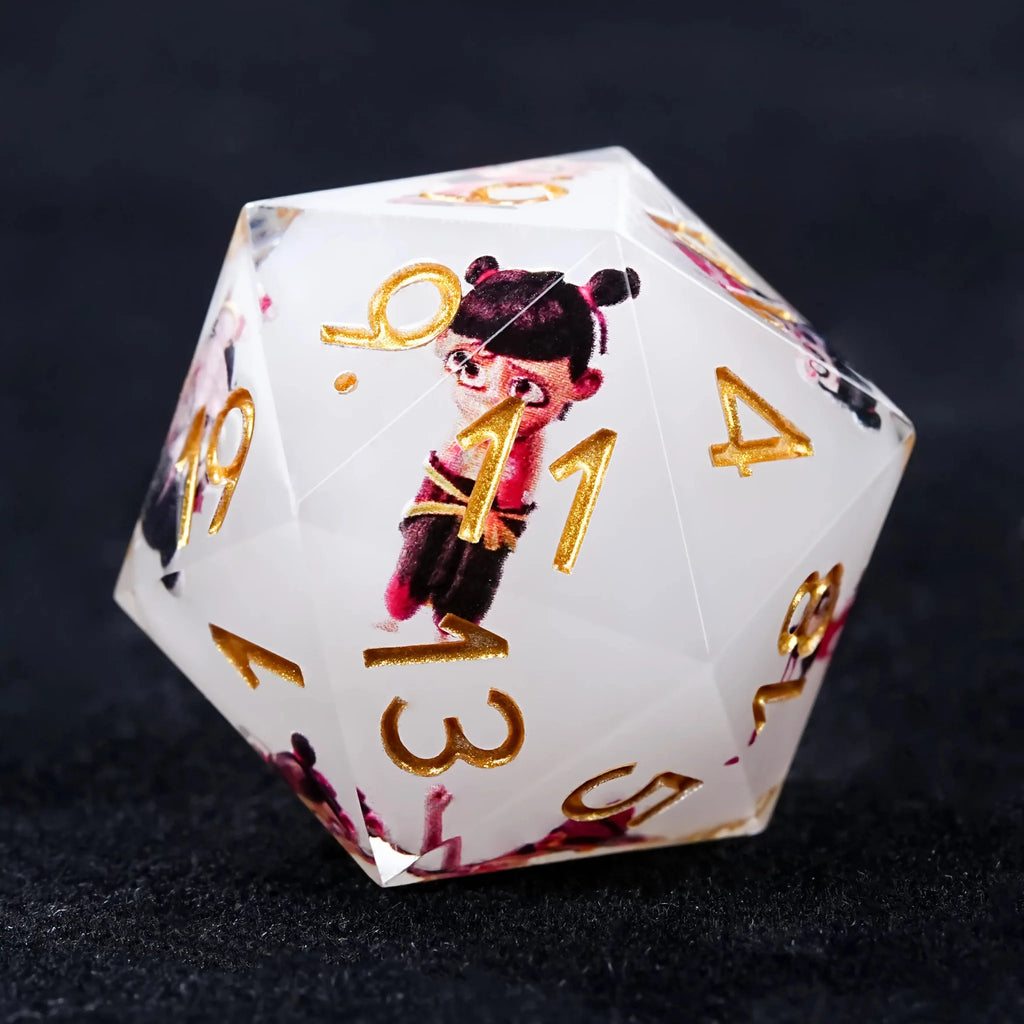 Nezha Themed White Resin Dice Set with Gold Numbers