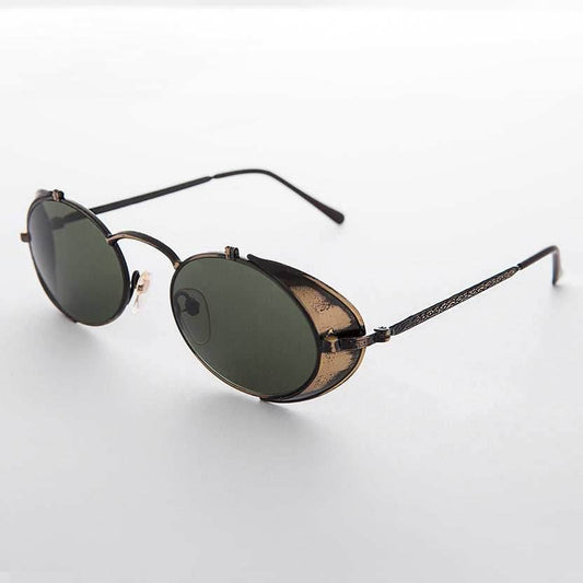 Steampunk Goggle Sunglass with Side Shields Vintage - Orson - Antique Bronze / Green Lens