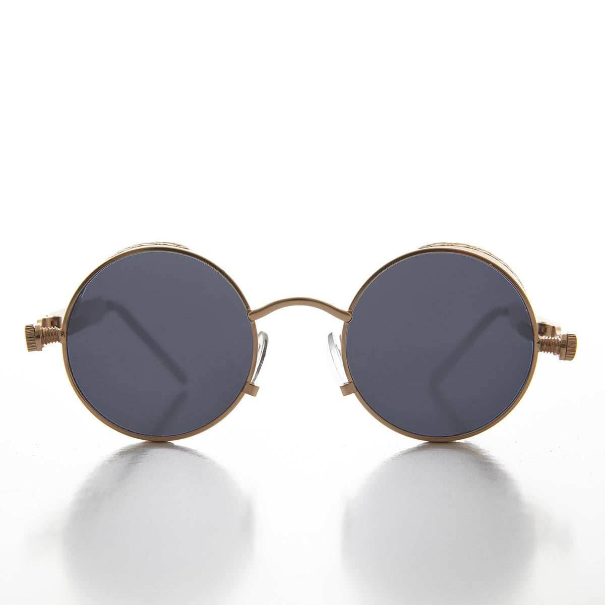 Gold Round Steampunk Goggle Sunglass with Spring Temples - Orwell 1 - Gold / Brown Lens