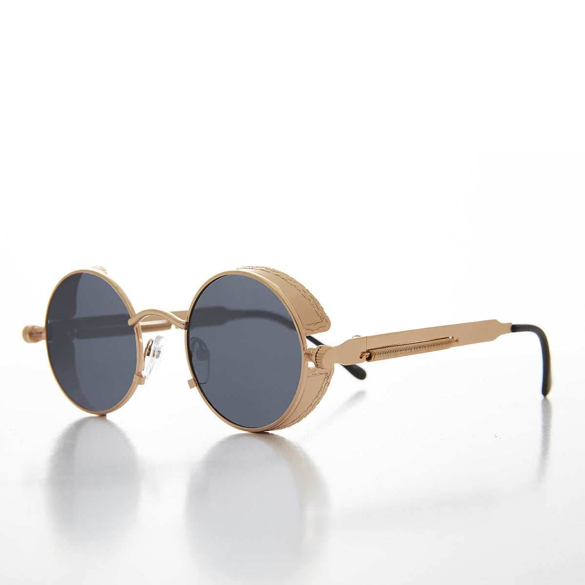 Gold Round Steampunk Goggle Sunglass with Spring Temples - Orwell 1 - Gold / Gray Lens